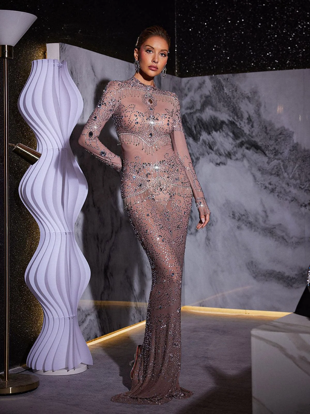 Mesh Fringe Maxi Dress with Rhinestone Embellishments