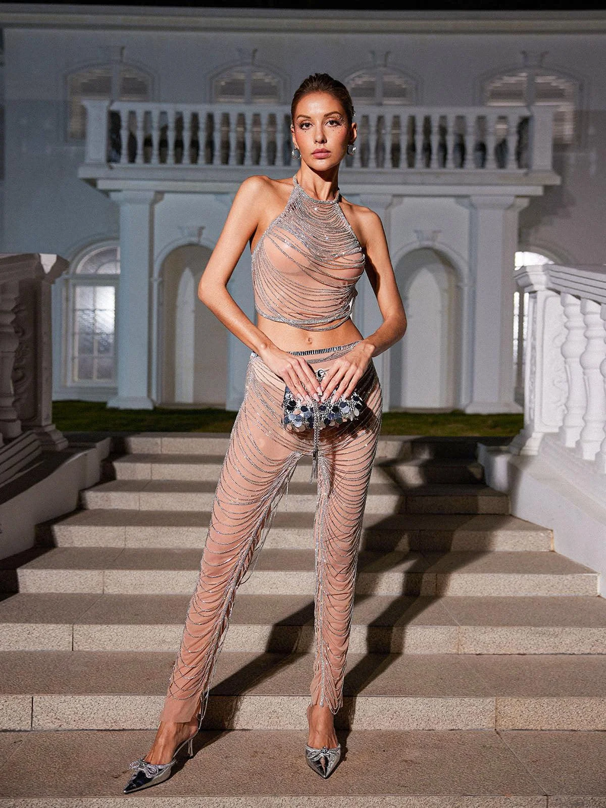Crystal Chain Mesh Elegant Pants Set