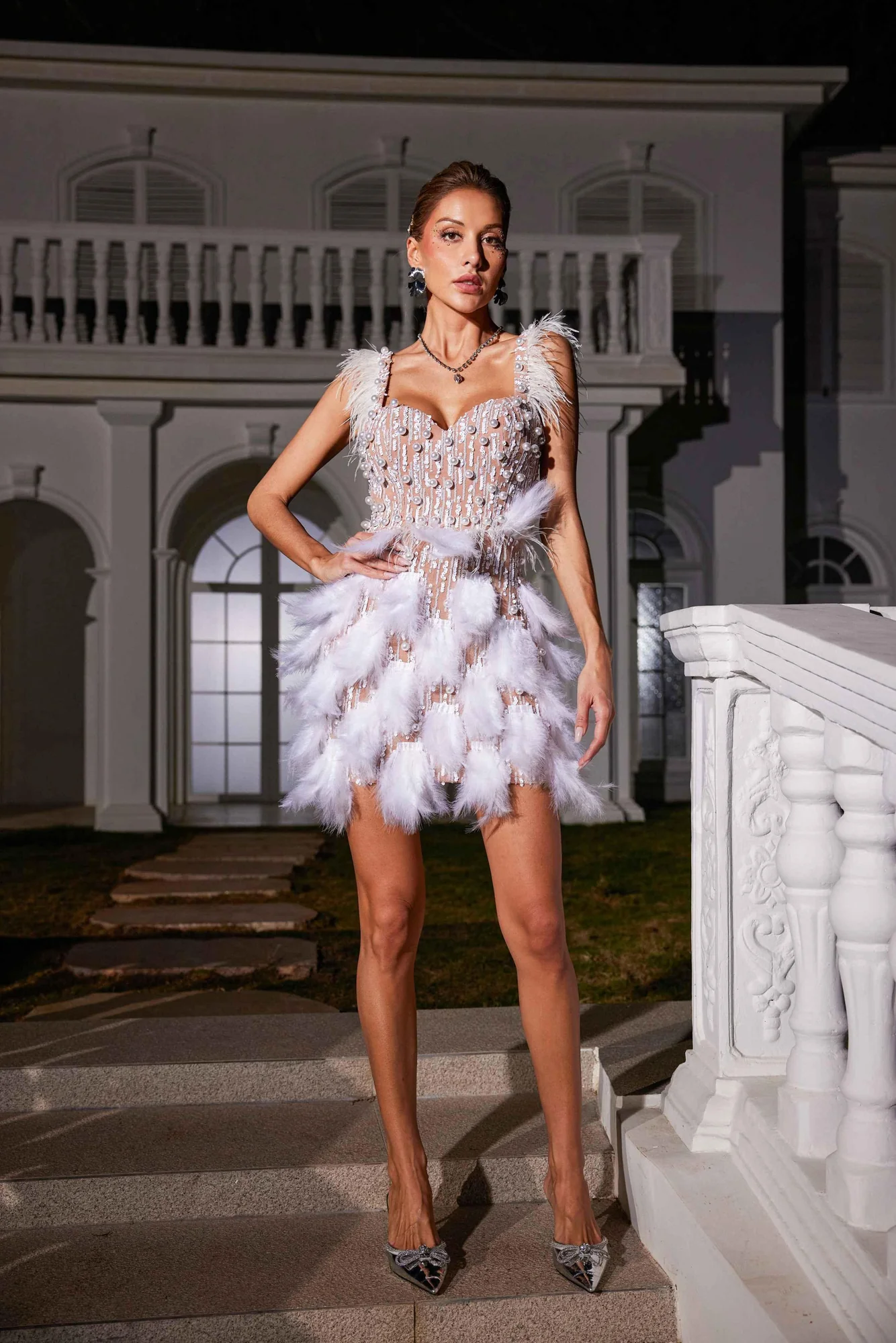Elegant Pearl Feather Sequin Dress - White