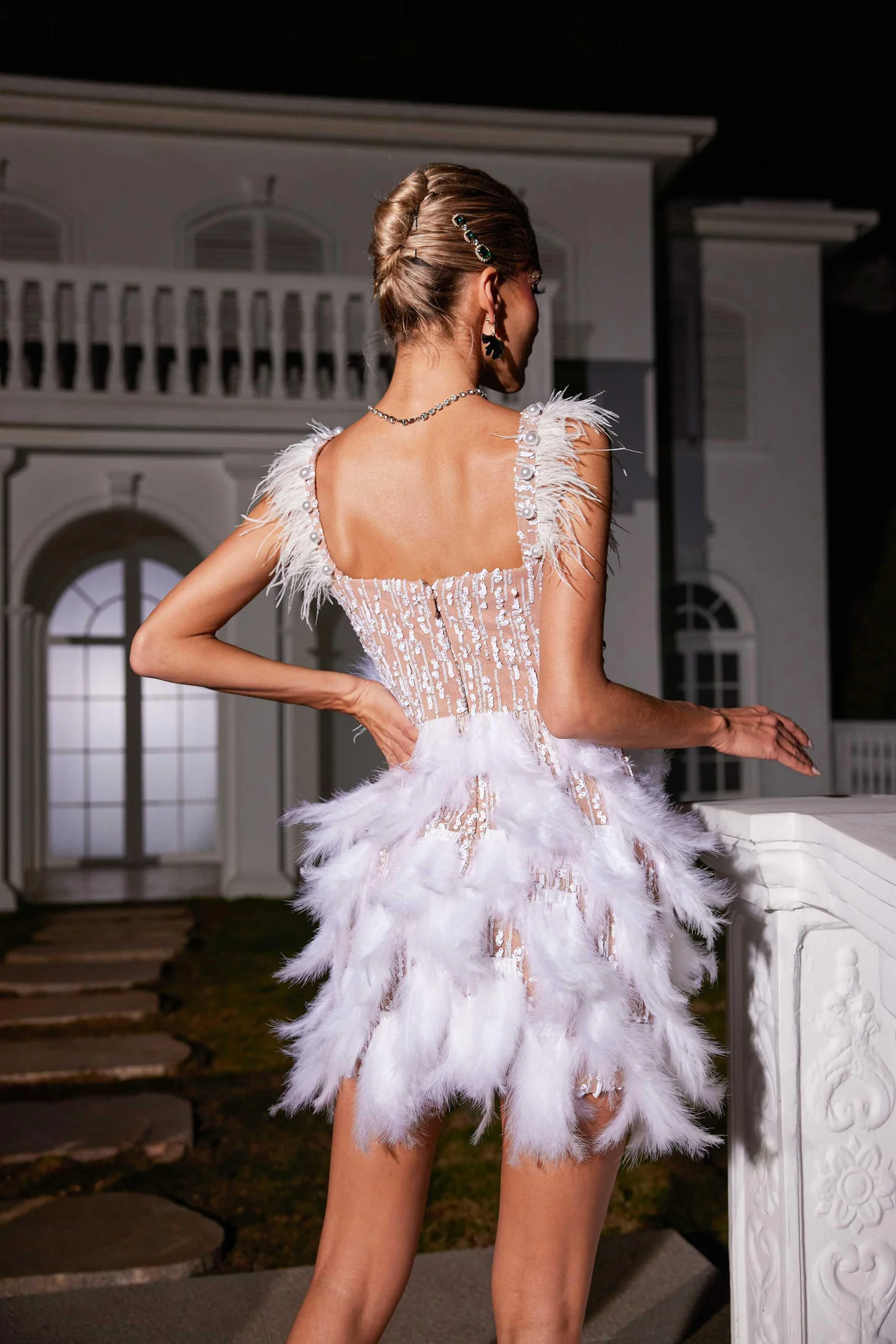 Elegant Pearl Feather Sequin Dress - White