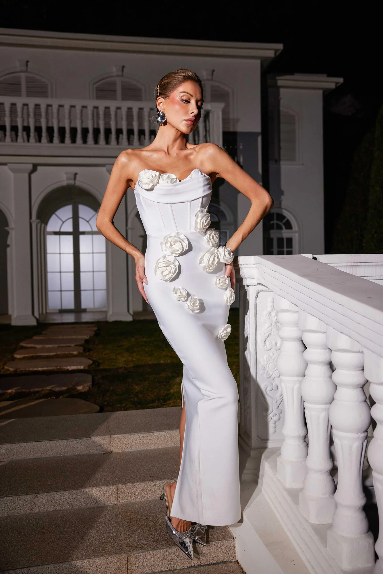 White Strapless Bandage Dress with Floral Pattern
