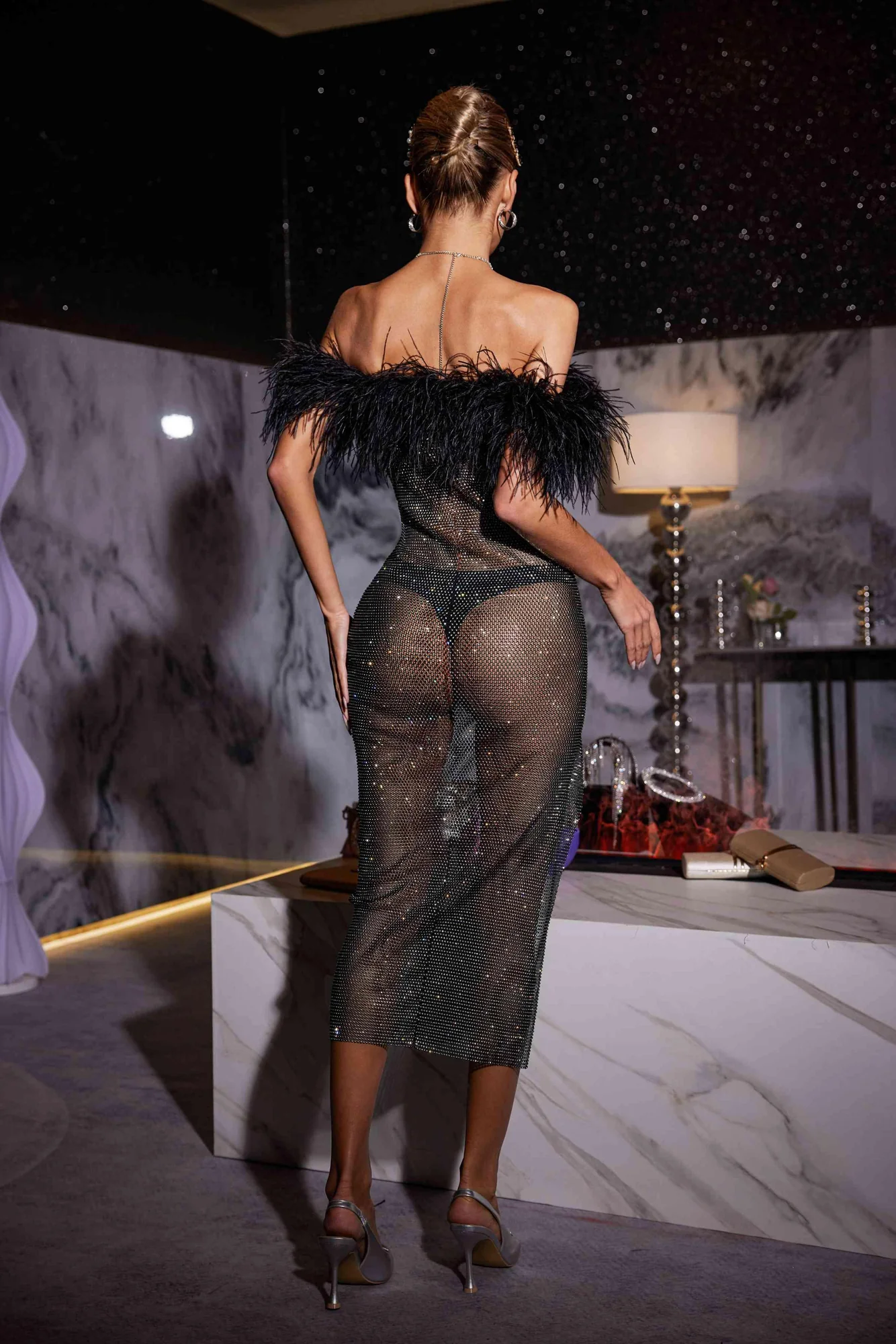 Feather Detail Glamour Midi Dress - Black Mesh Design