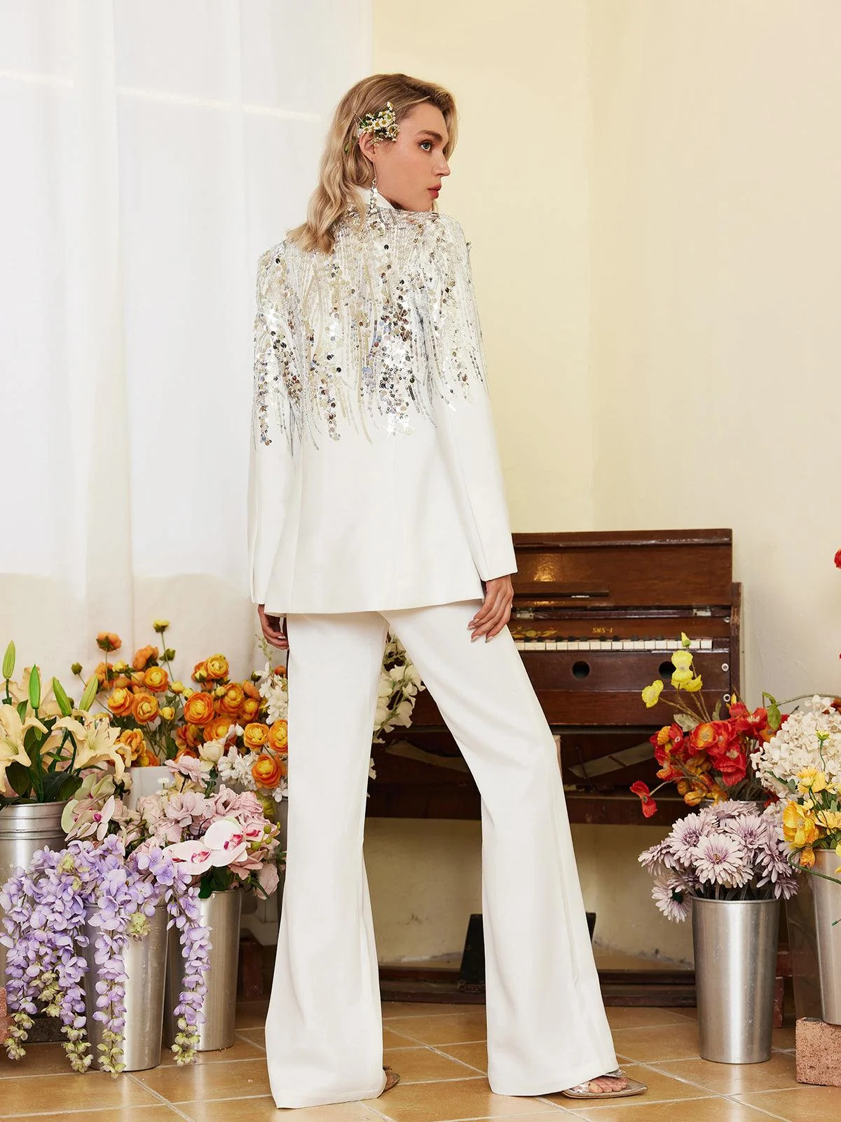 Sequin Embellished Blazer Set in White for Women