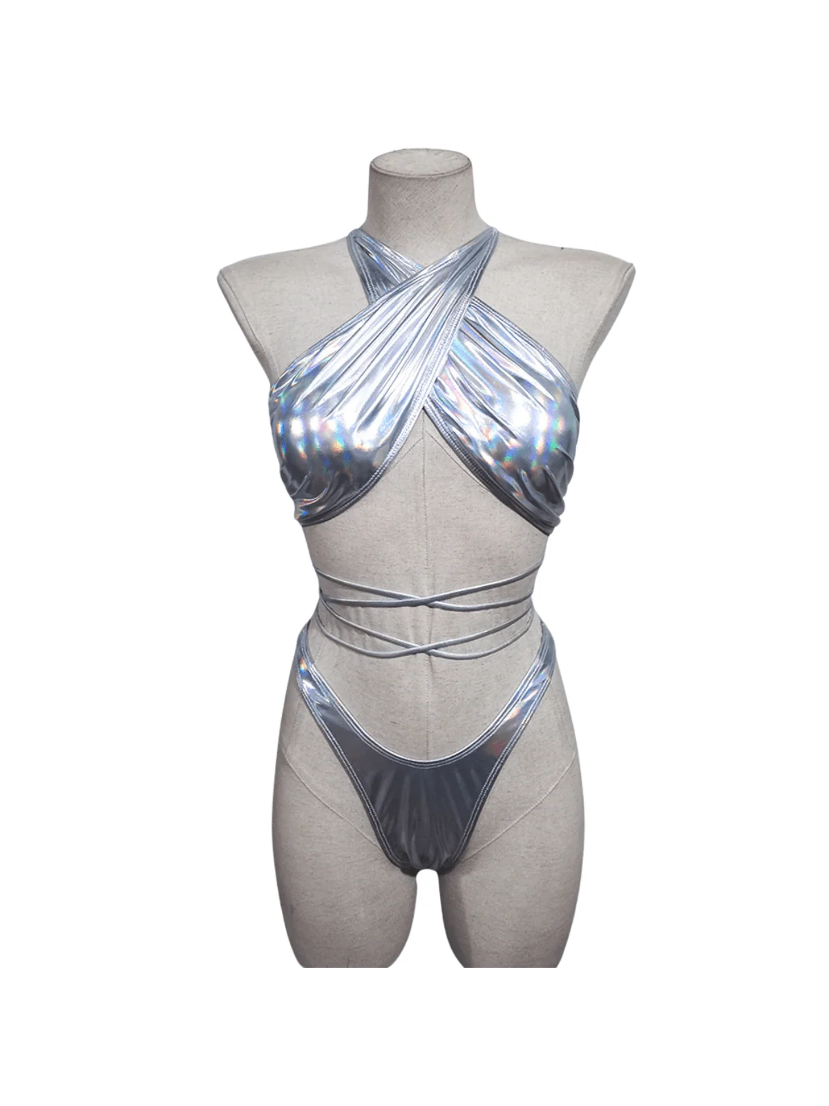 Ebenezer Metallic Two-Piece Bikini Set - Silver Lacing Design