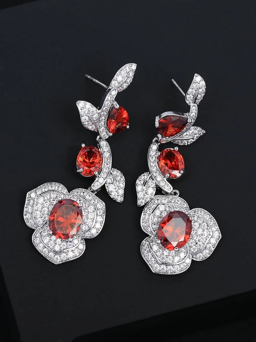 Sparkling Red Crystal Floral Drop Earrings