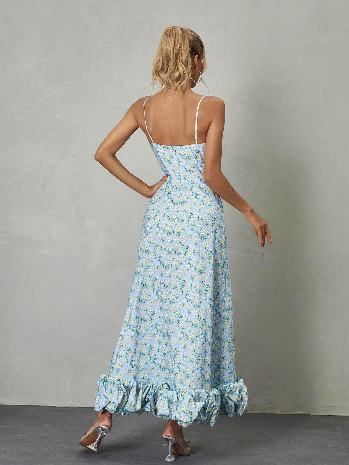 Blue Floral Maxi Dress - Elegant Spaghetti Straps Design