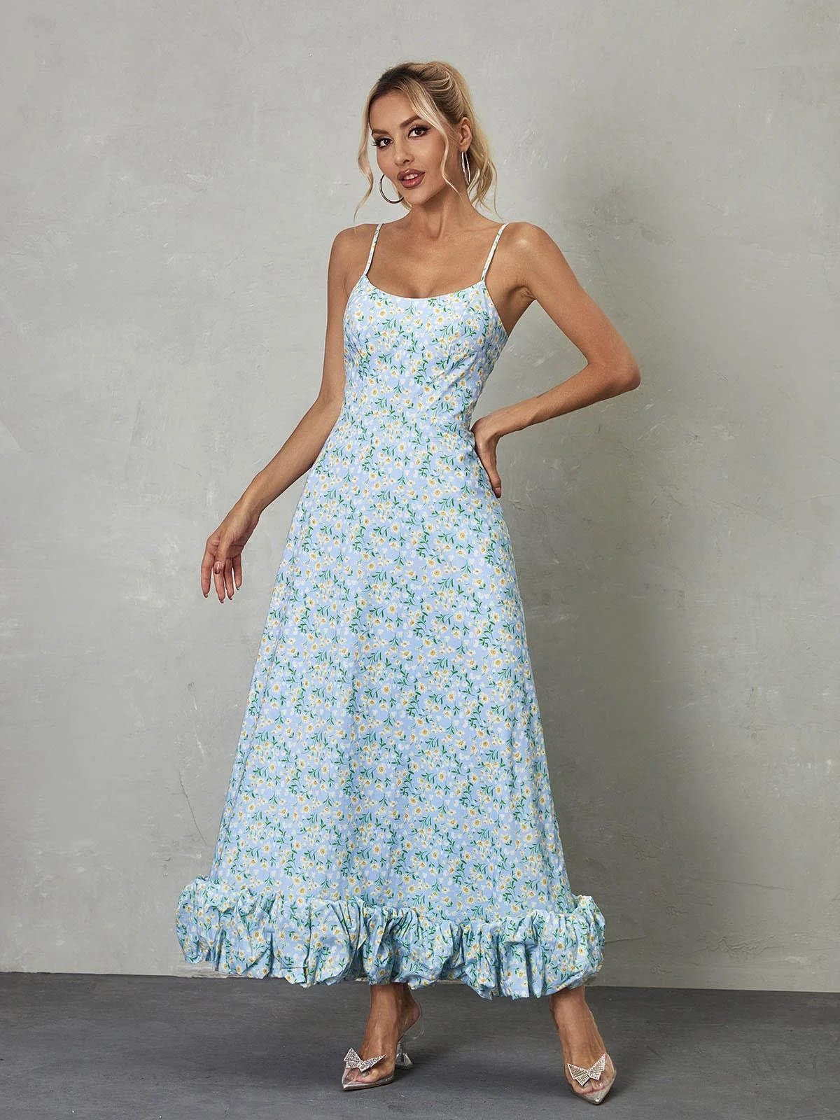 Blue Floral Maxi Dress - Elegant Spaghetti Straps Design