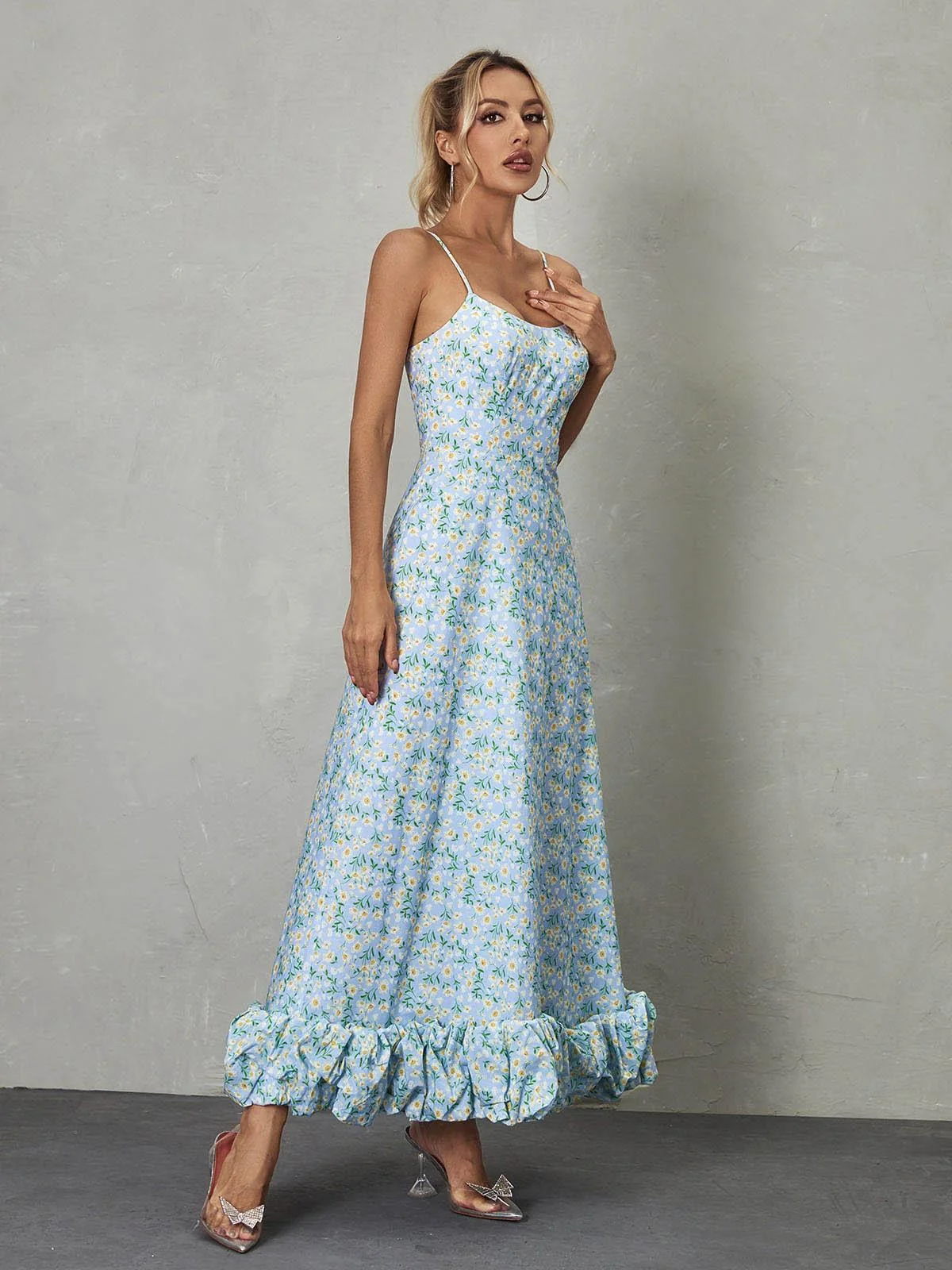 Blue Floral Maxi Dress - Elegant Spaghetti Straps Design