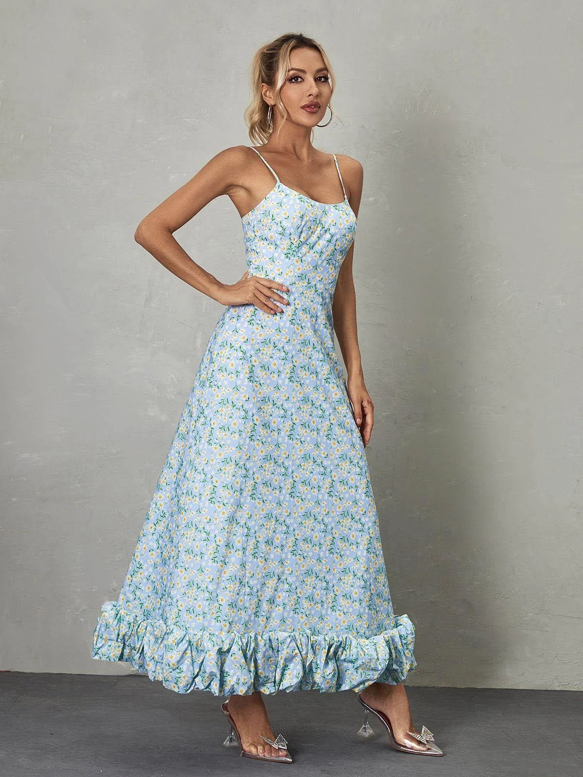 Blue Floral Maxi Dress - Elegant Spaghetti Straps Design