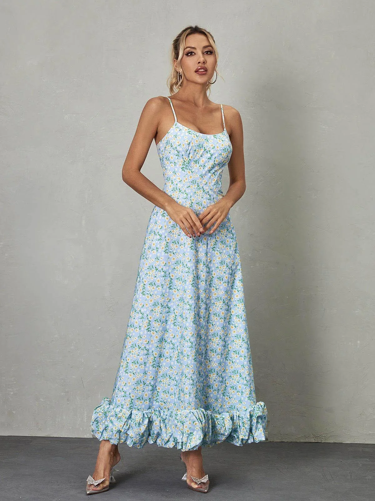 Blue Floral Maxi Dress - Elegant Spaghetti Straps Design