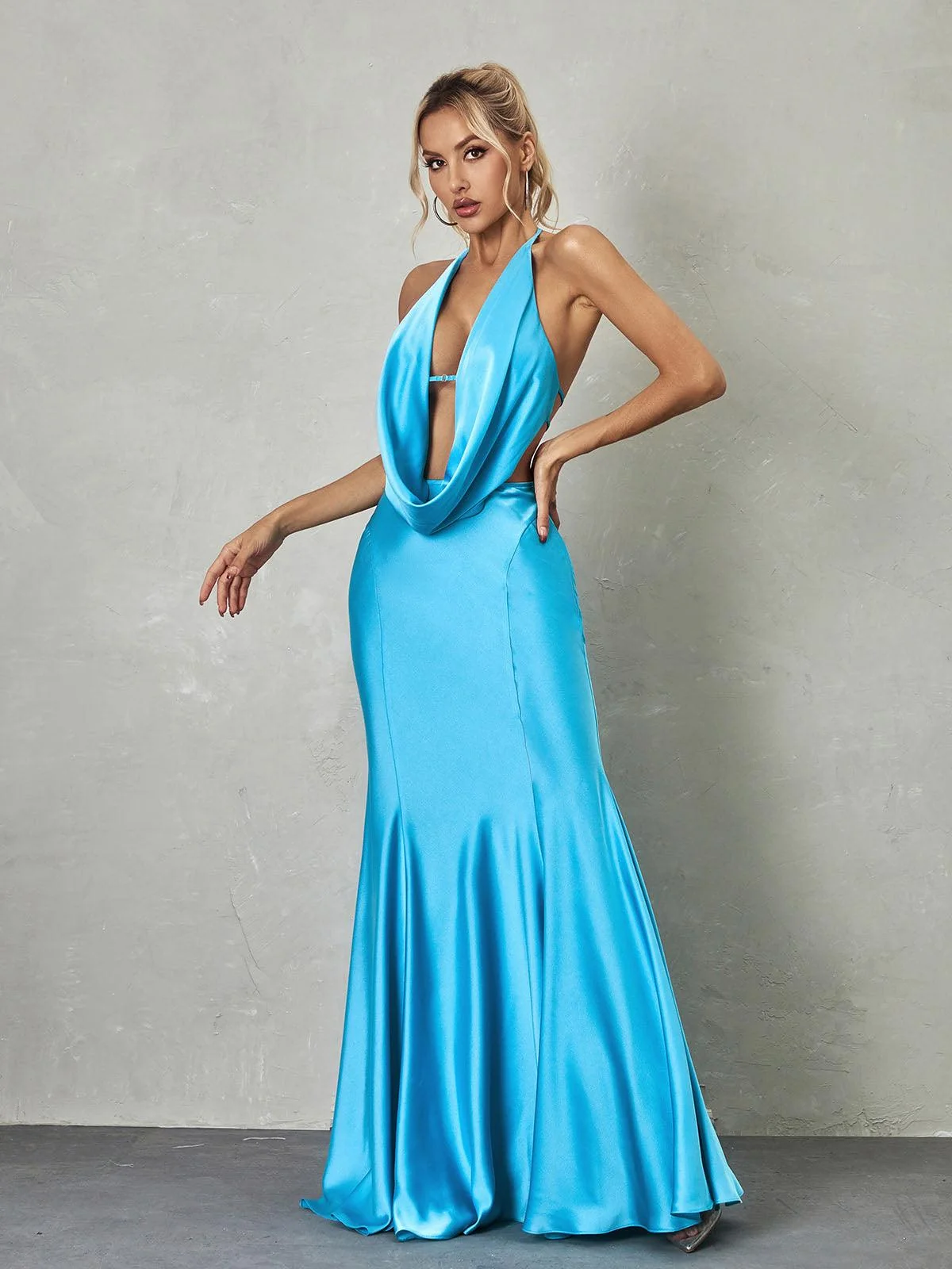 Blue Satin Halter Neck Maxi Dress