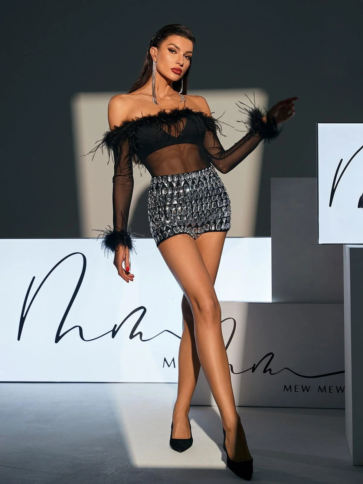 Elegant Feather Mesh Off Shoulder Bodysuit