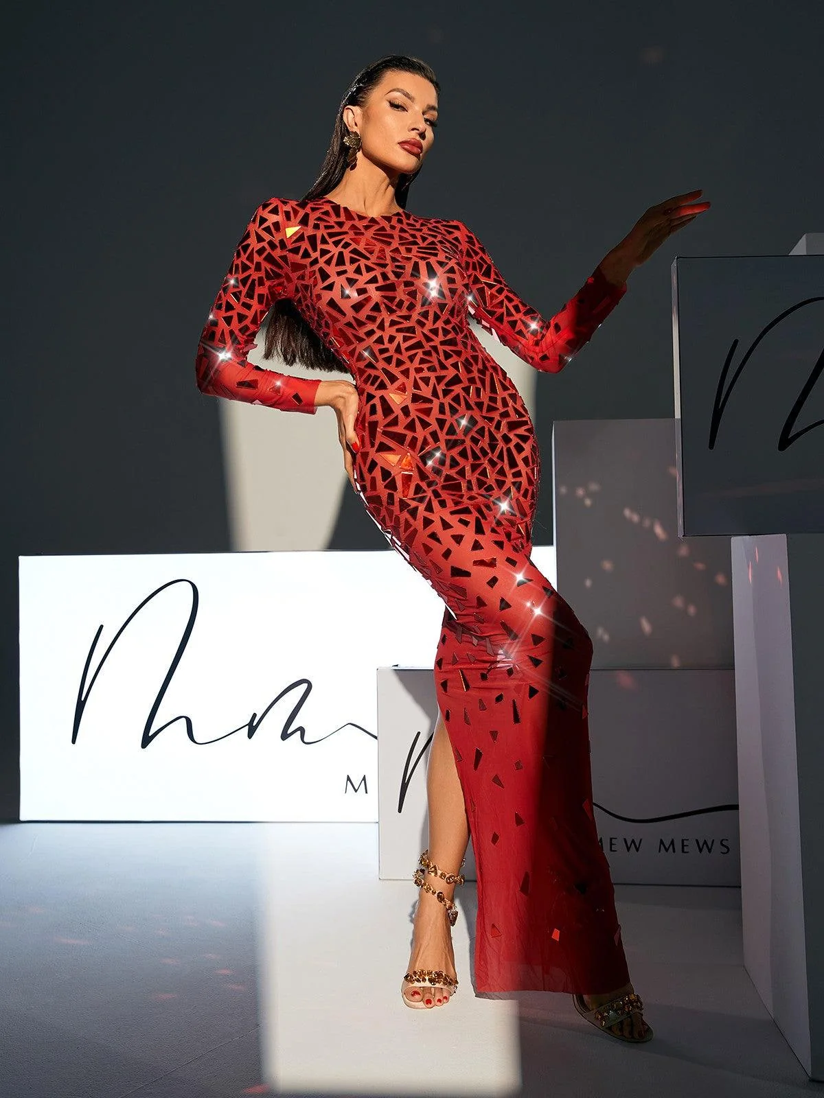Red Long Sleeve Mesh Maxi Dress - Elegant Comfort