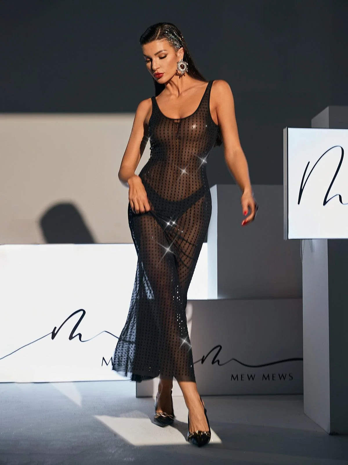 Black Backless Mesh Maxi Dress with Embellishments