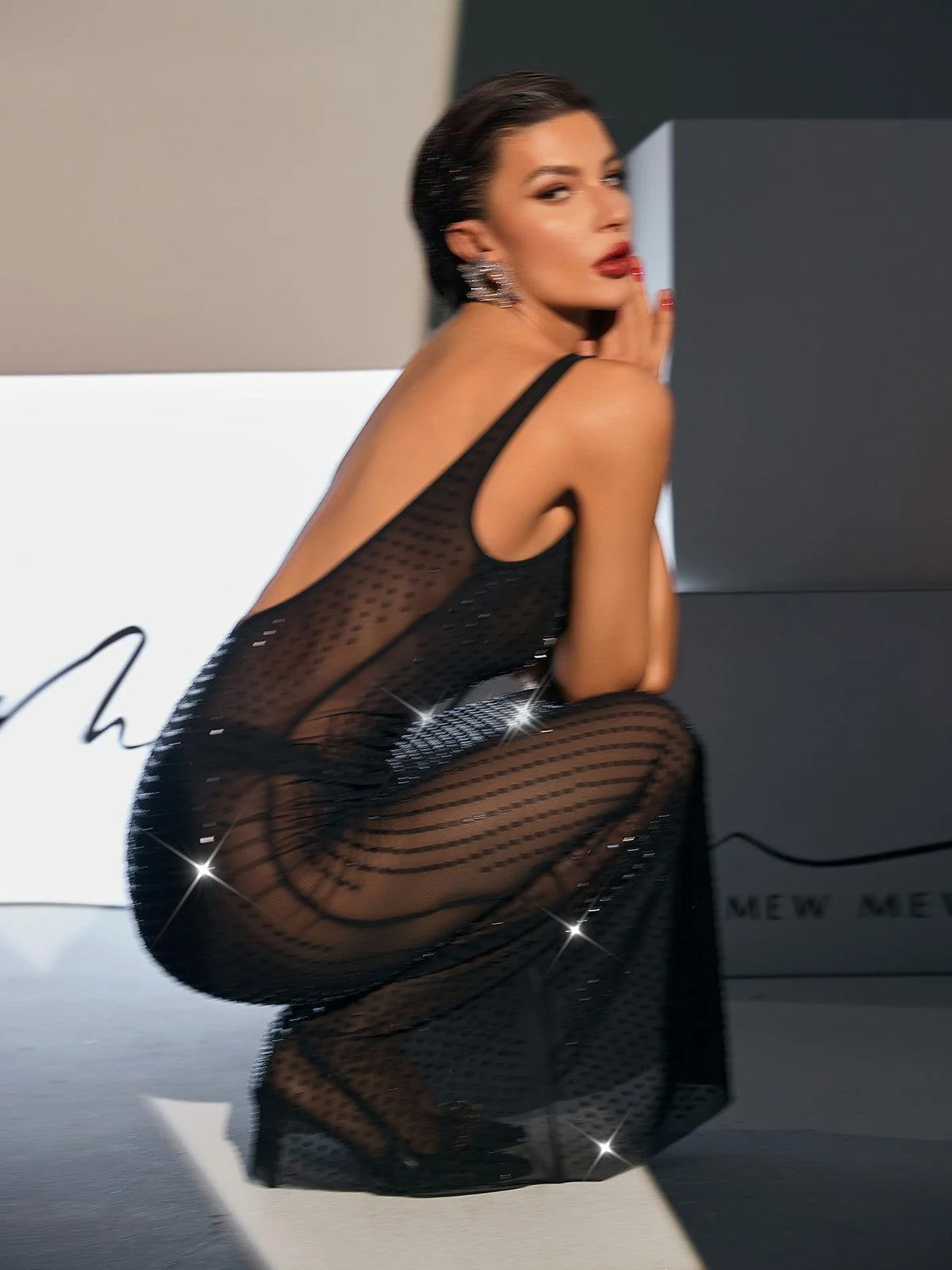 Black Backless Mesh Maxi Dress with Embellishments