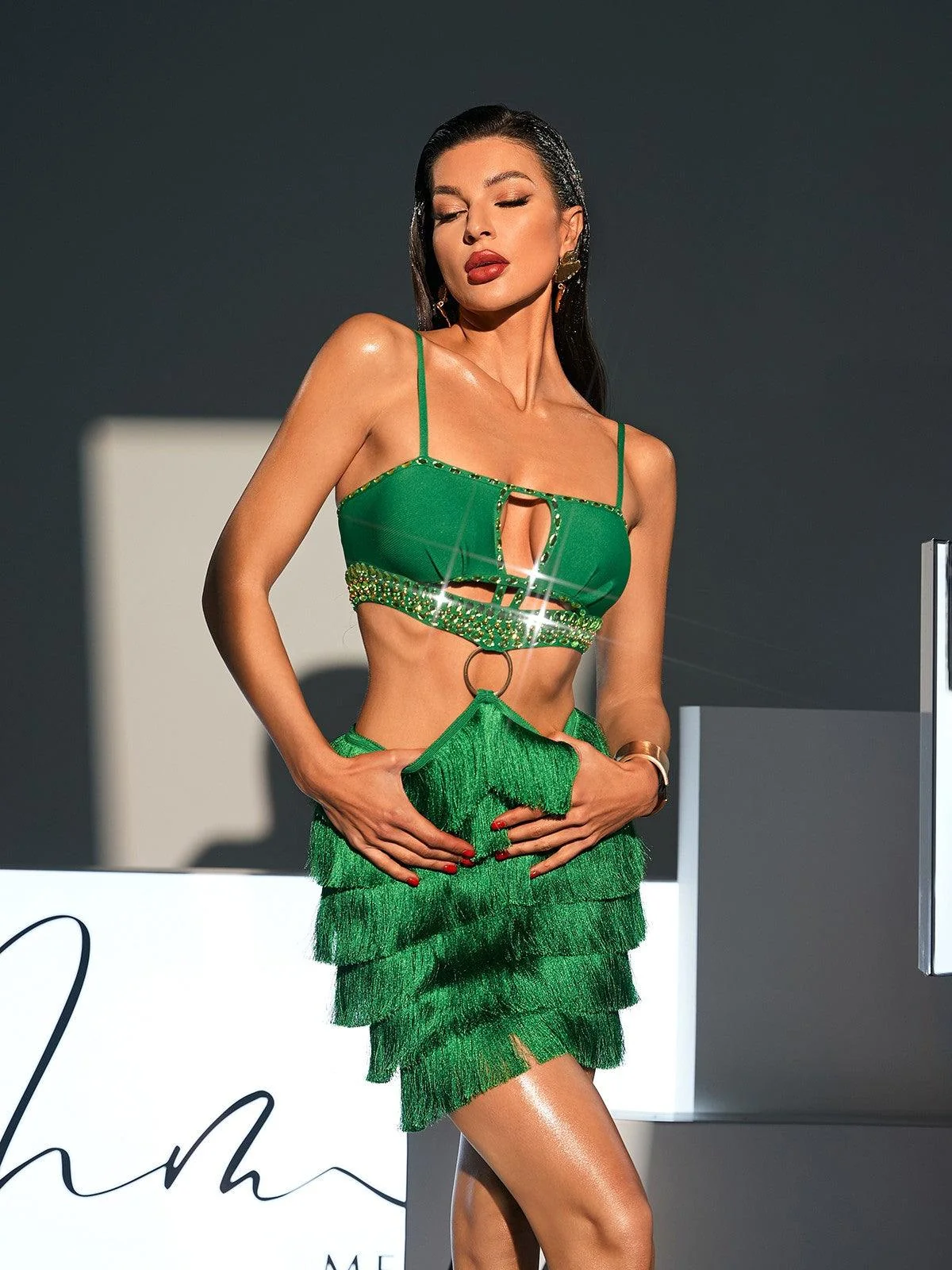 Green Rhinestone Fringe Bandage Dress