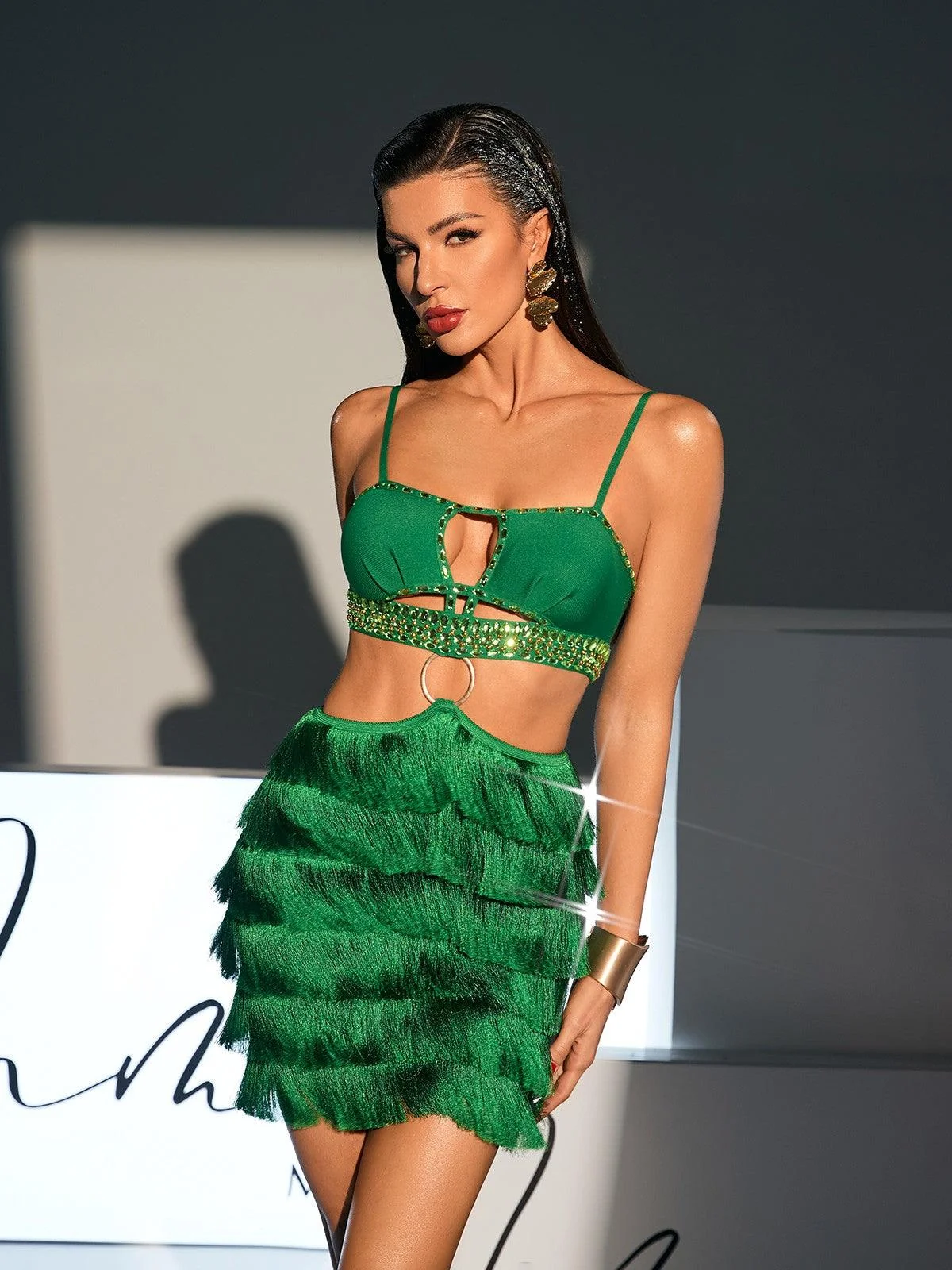 Green Rhinestone Fringe Bandage Dress