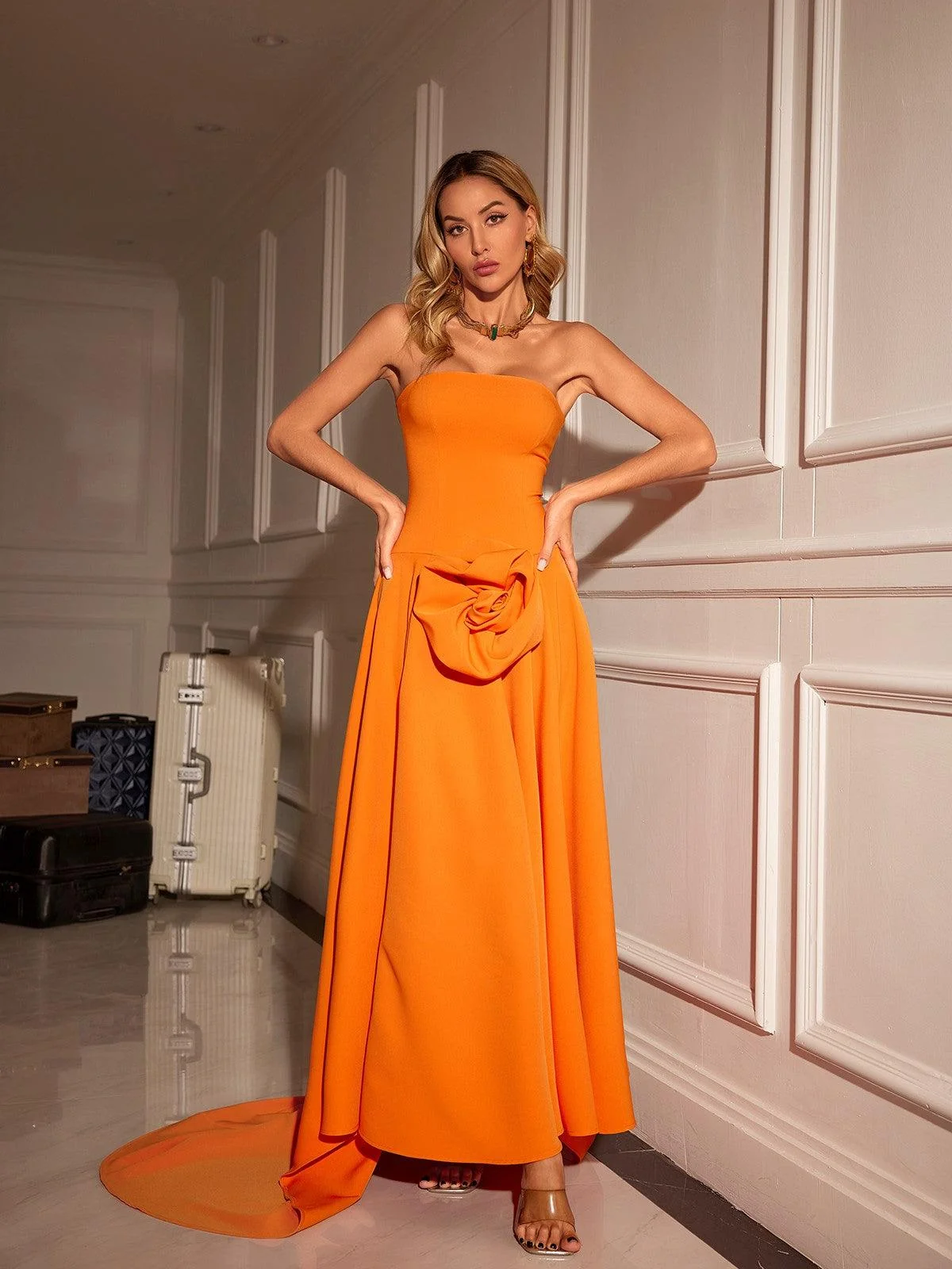 Orange Strapless 3D Flower Maxi Dress