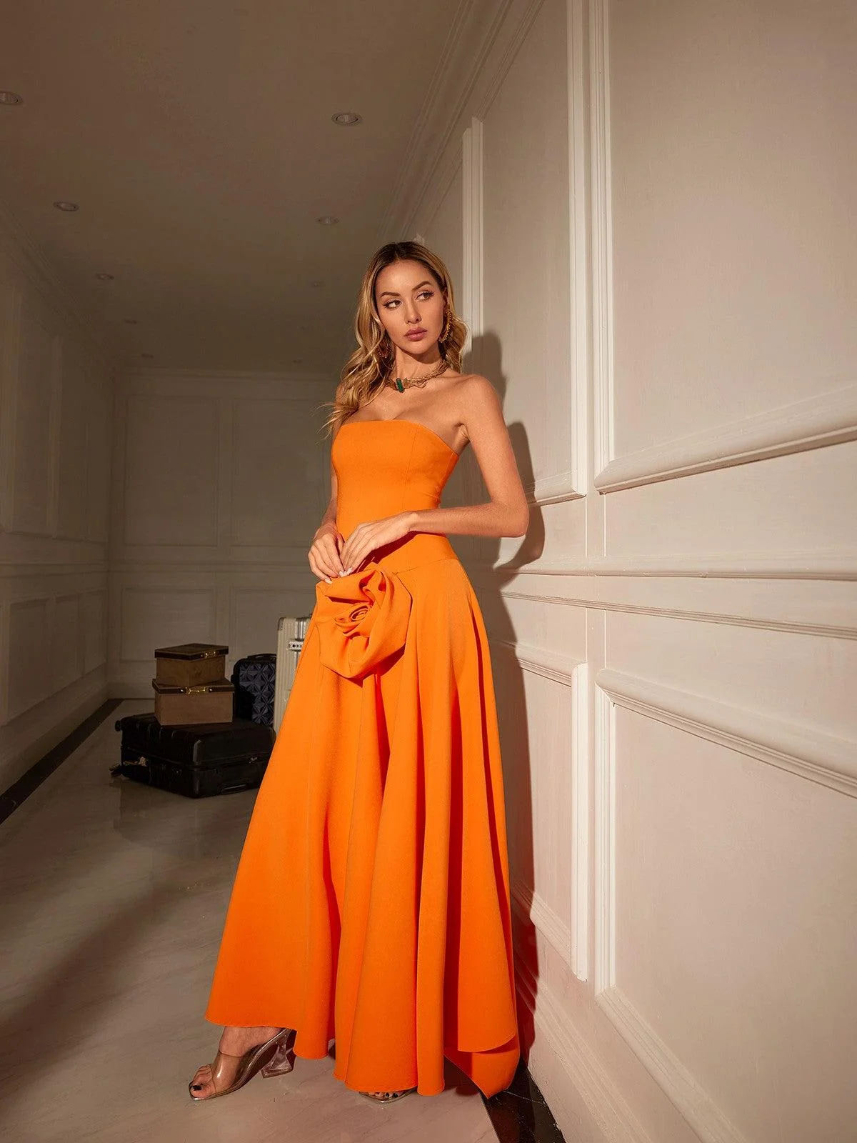 Orange Strapless 3D Flower Maxi Dress