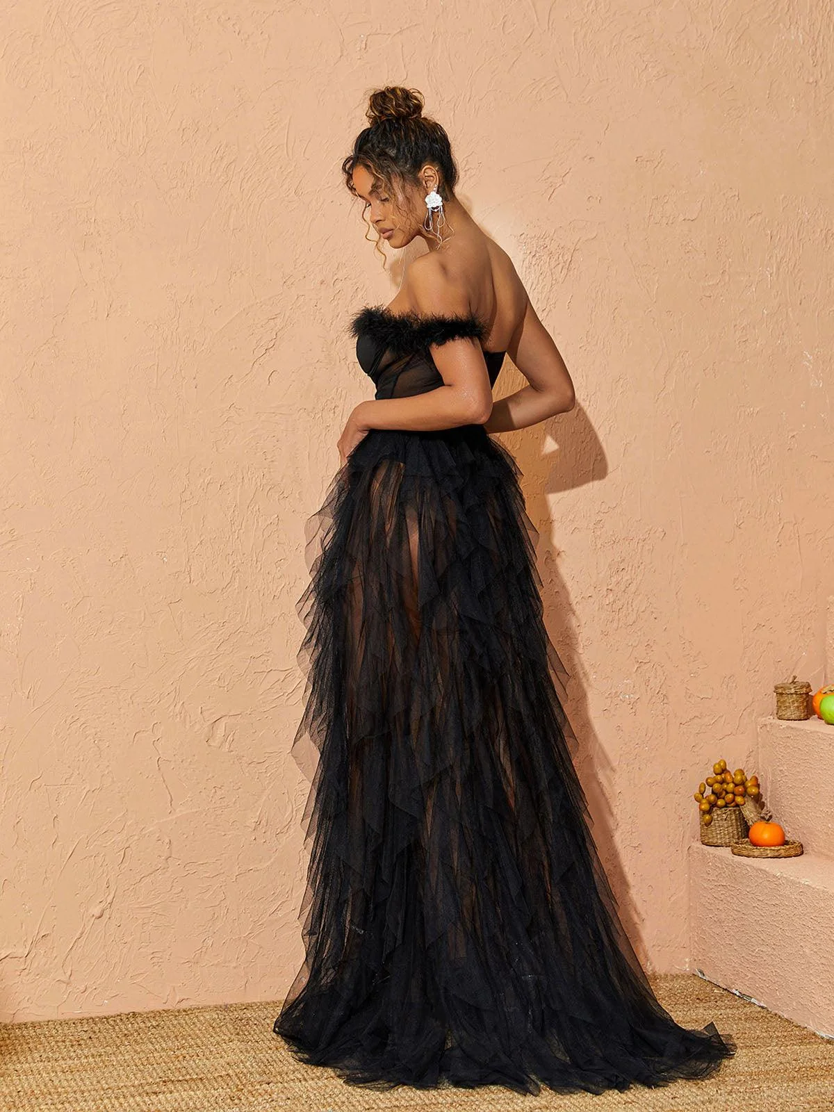 Black One Shoulder Tulle Maxi Dress