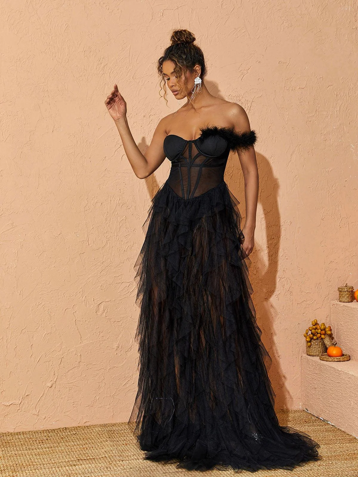 Black One Shoulder Tulle Maxi Dress