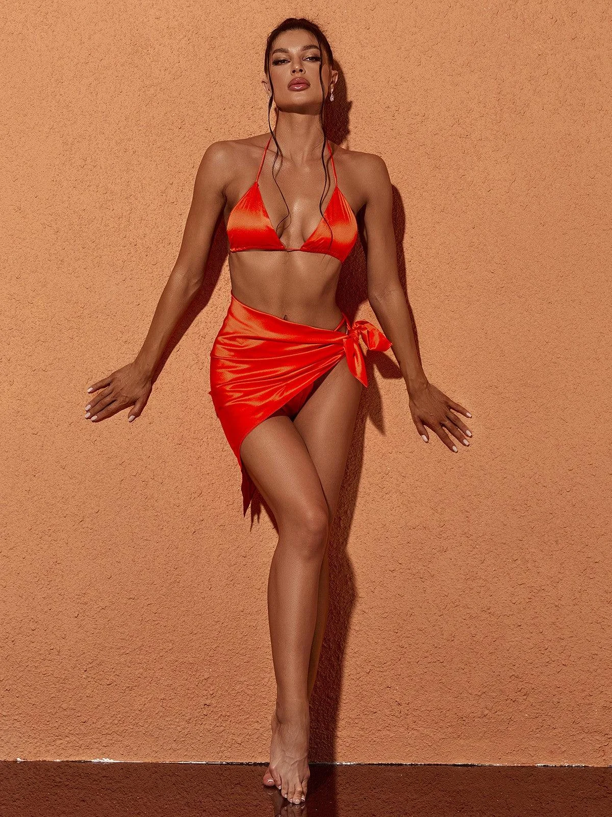 Orange Satin Bikini Set - Orelia Three-Piece Swimwear