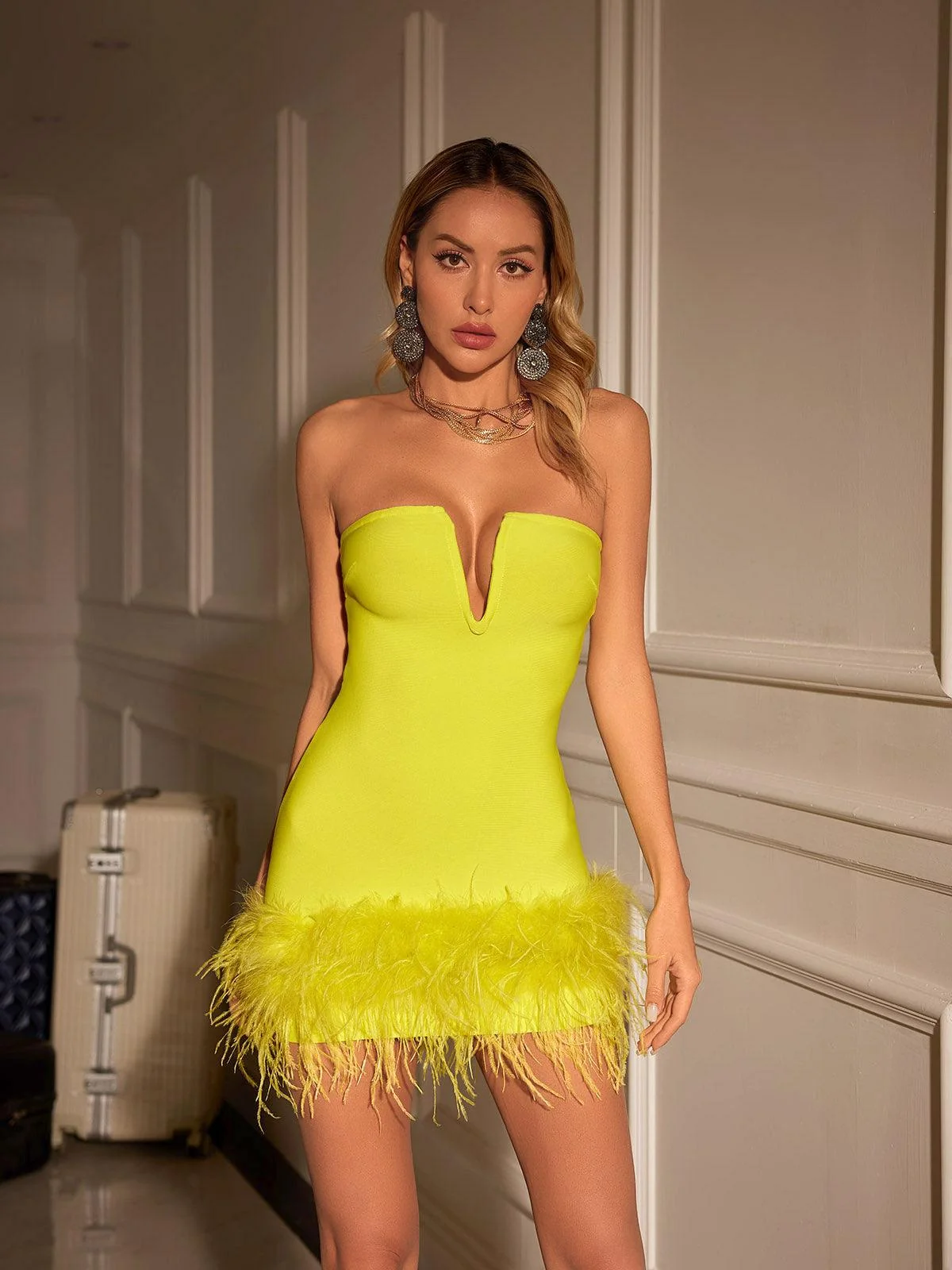 Yellow Bandage Feather Mini Dress with Strapless Design