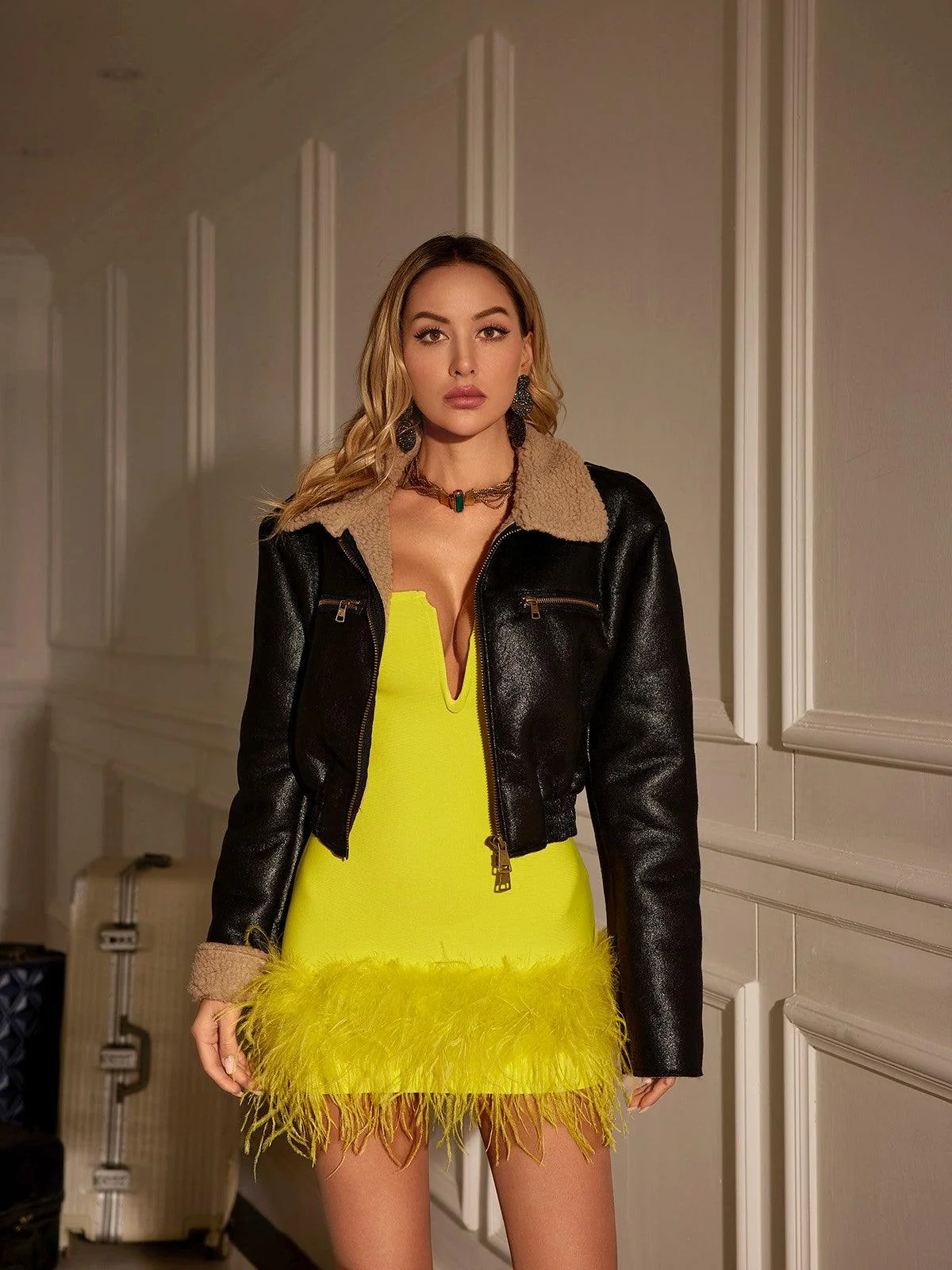 Yellow Bandage Feather Mini Dress with Strapless Design