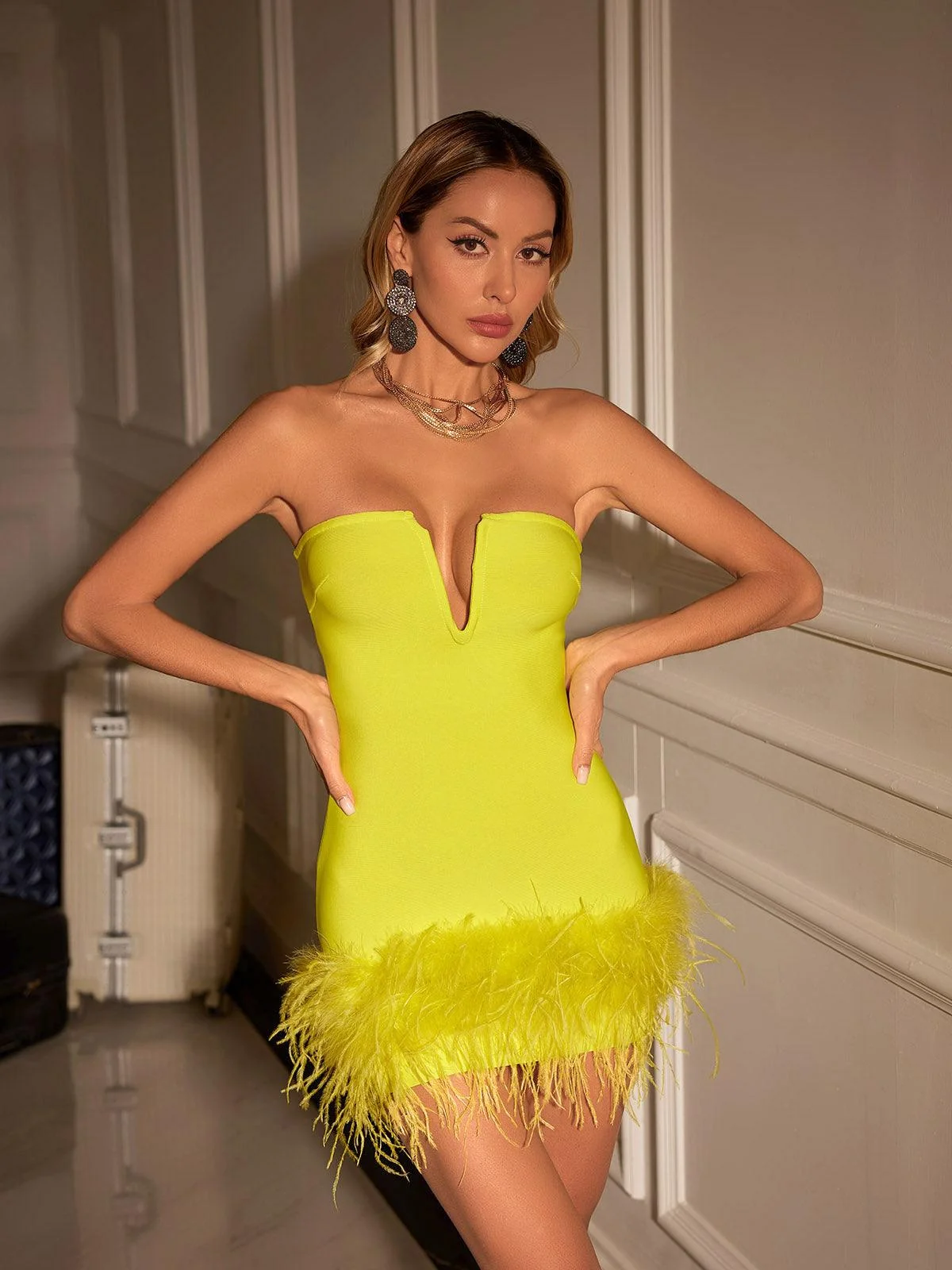 Yellow Bandage Feather Mini Dress with Strapless Design