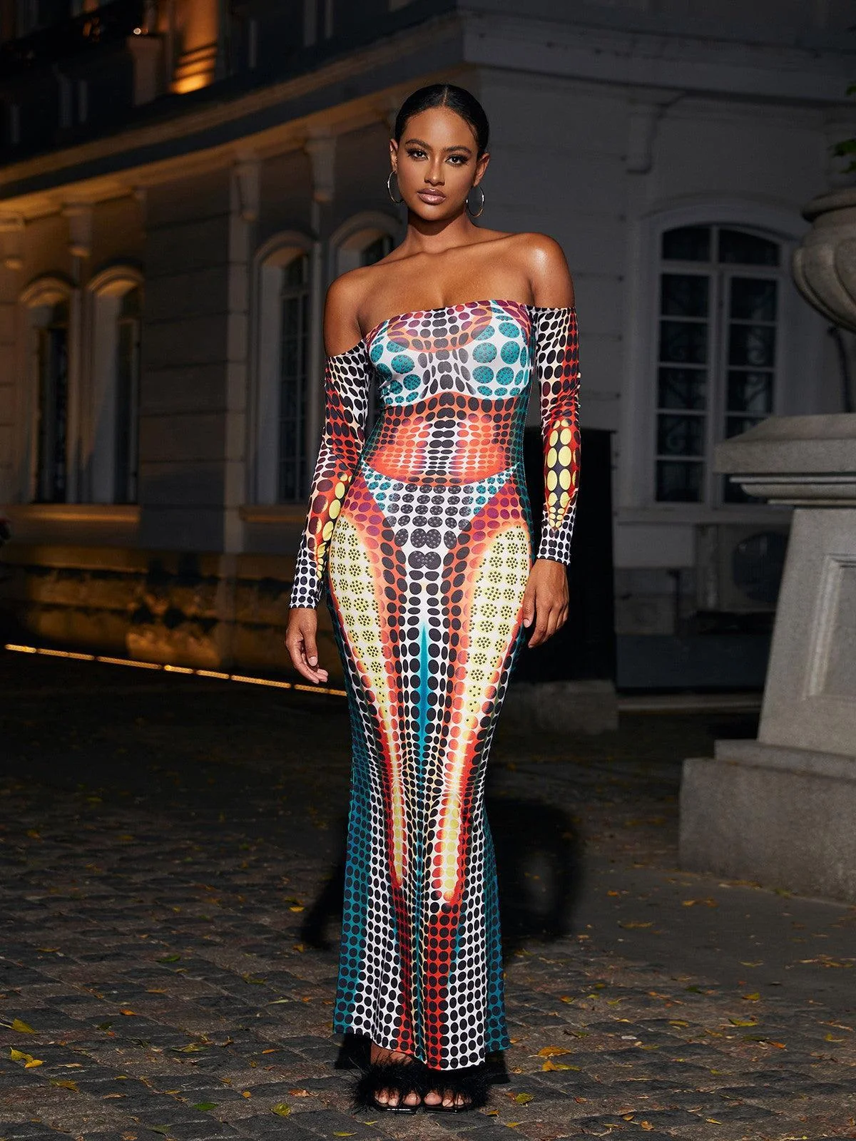 Elegant Multi Off-Shoulder Maxi Dress with 3D Pattern