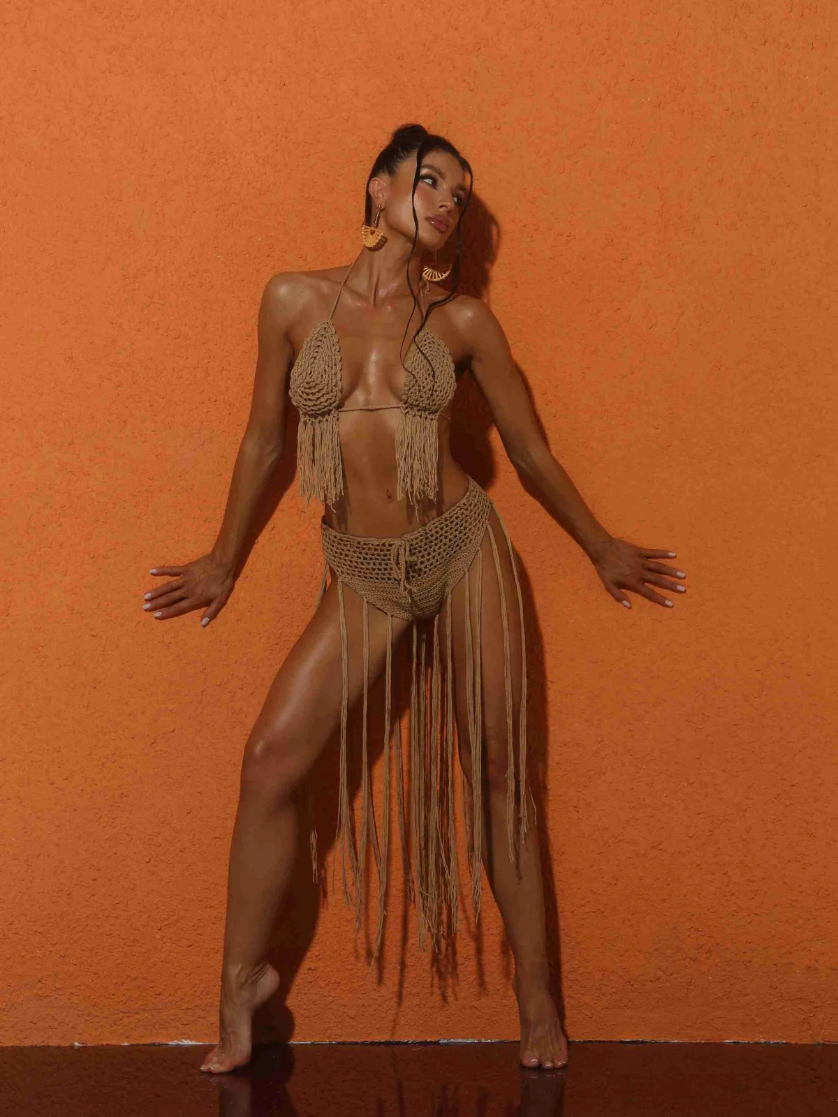 Brown Knit Fringe Bikini Set with Halterneck Top