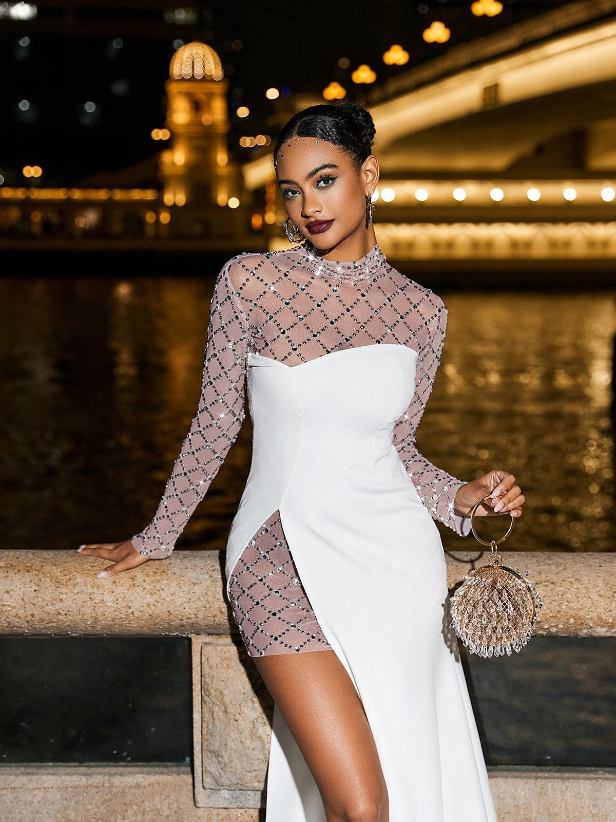 Elegant Rhinestone Patchwork Mesh Dress