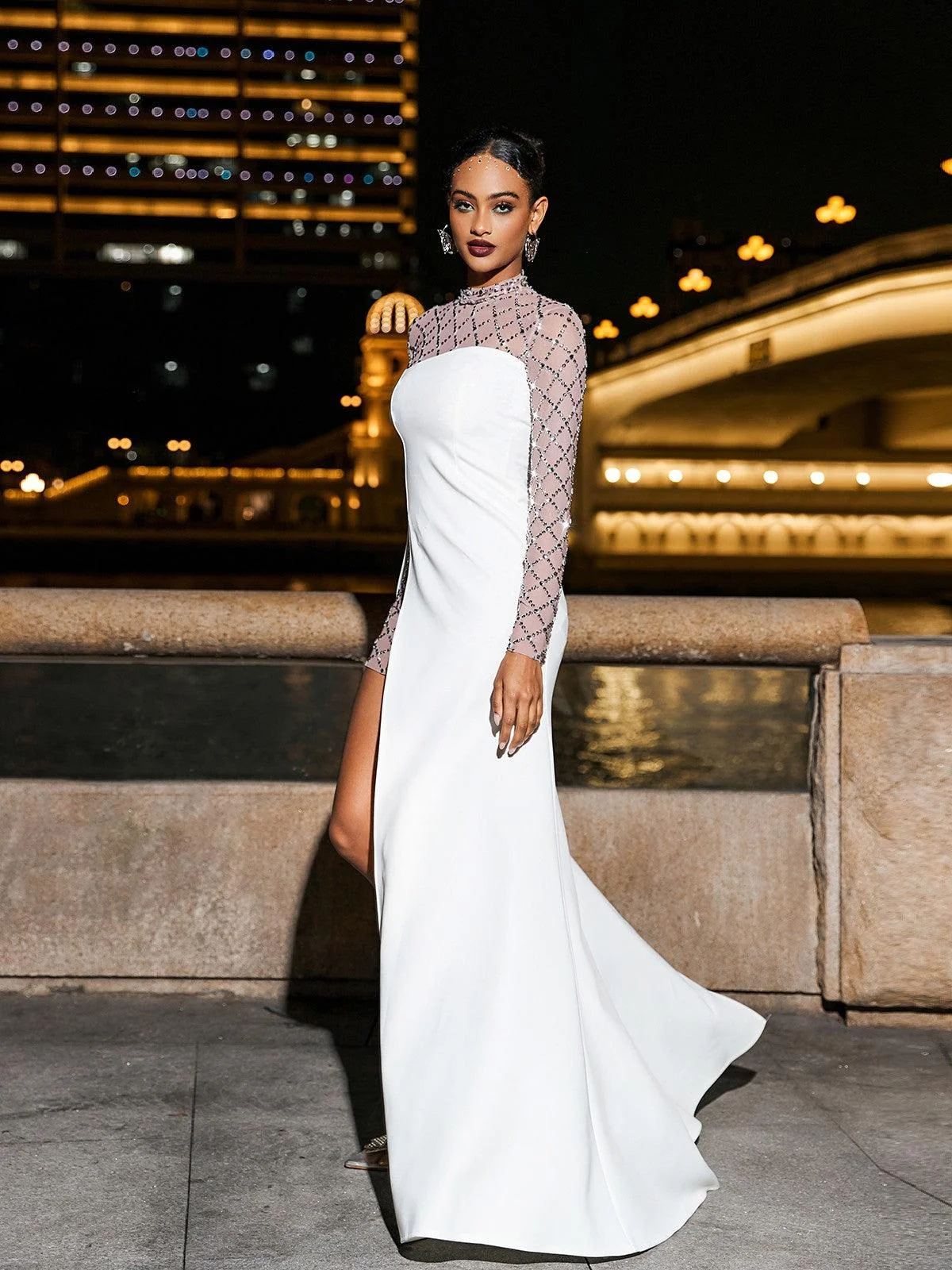 Elegant Rhinestone Patchwork Mesh Dress