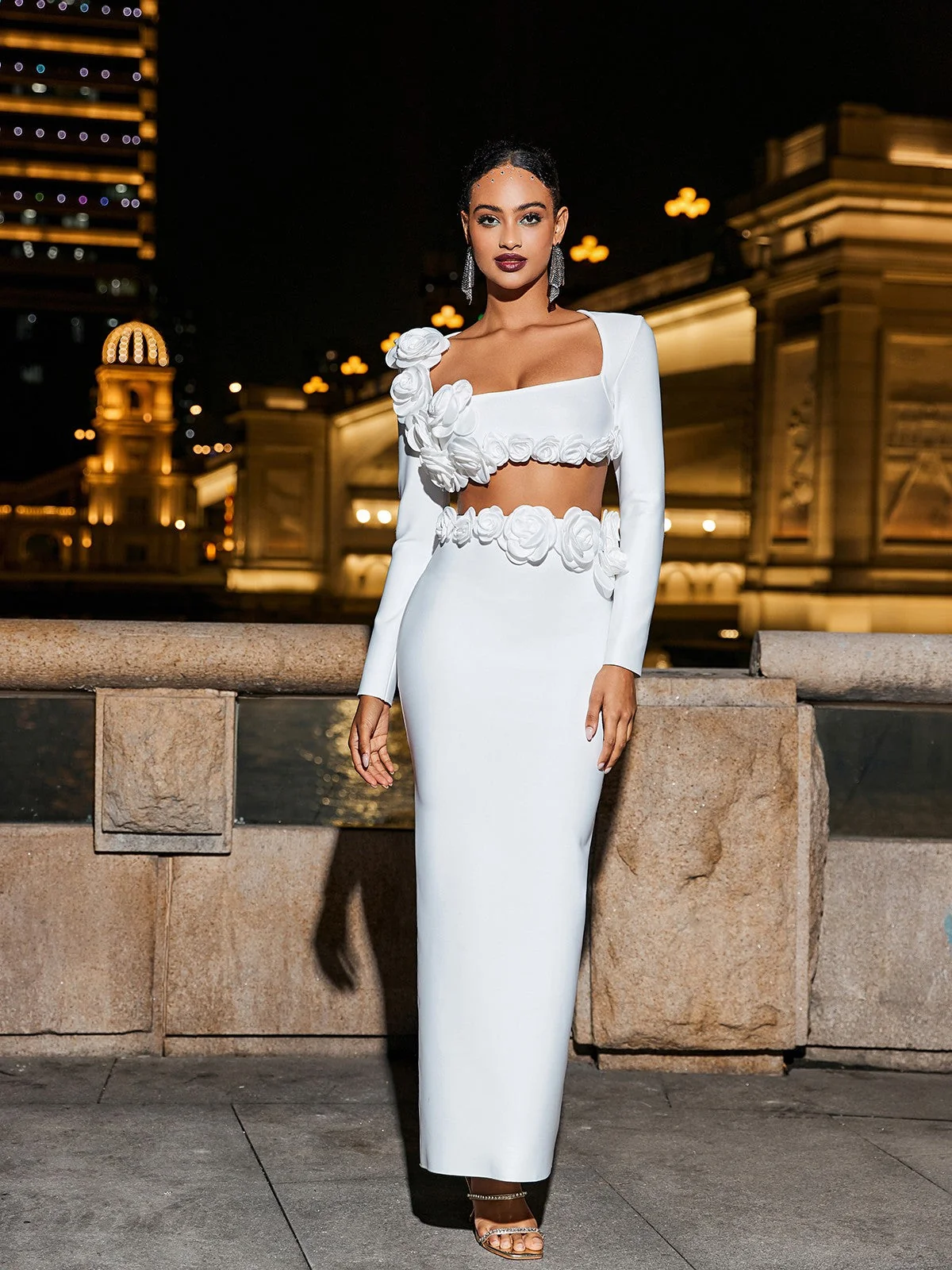 White Floral Bandage Skirt Set - Elegant Versatile Design