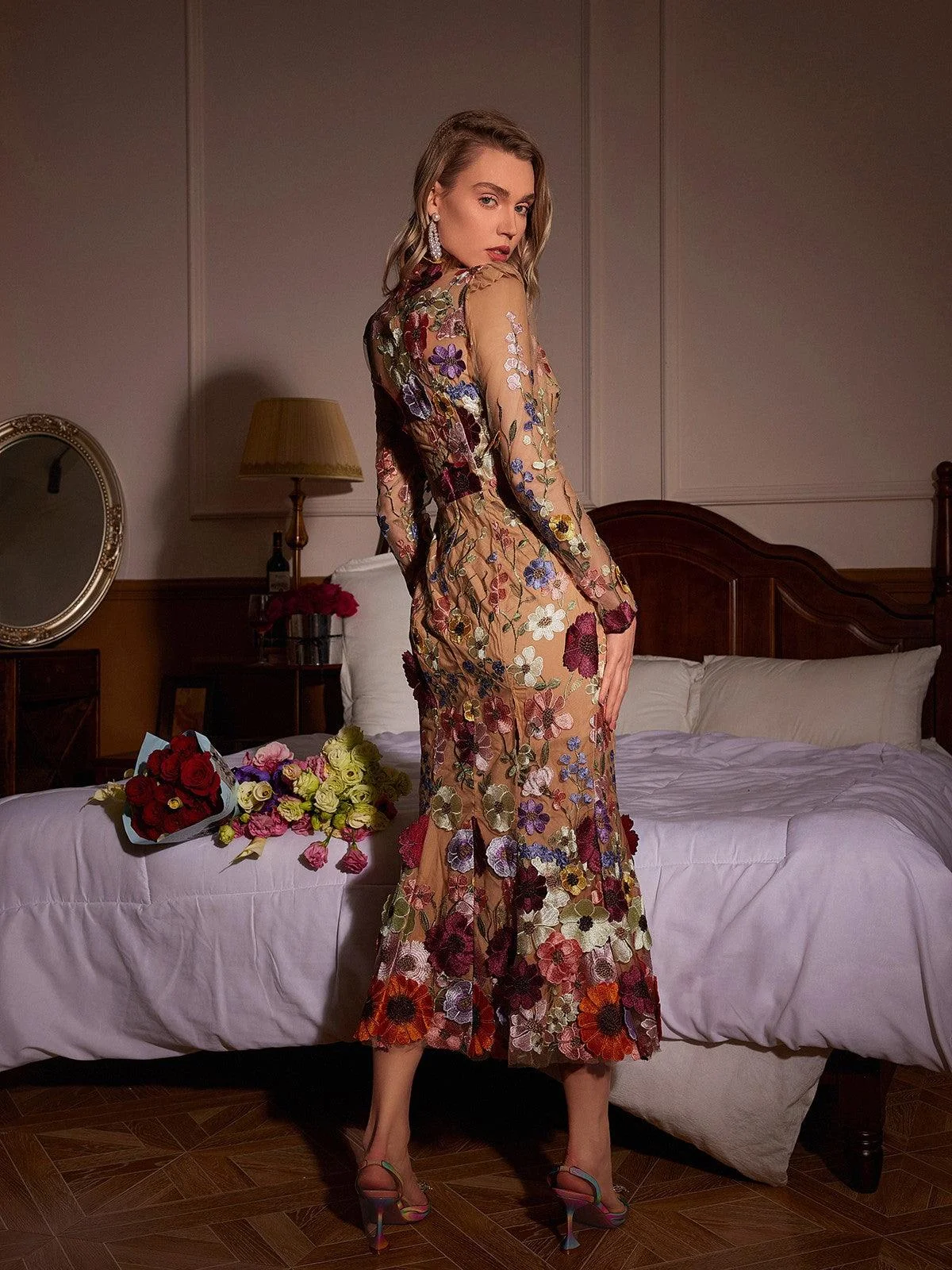 Blush Mesh Flower Mermaid Dress with Long Sleeves