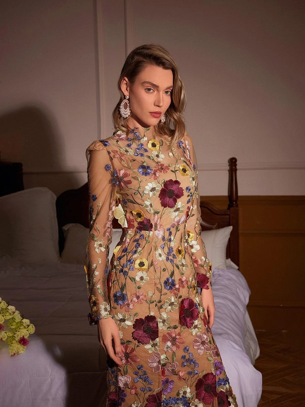 Blush Mesh Flower Mermaid Dress with Long Sleeves