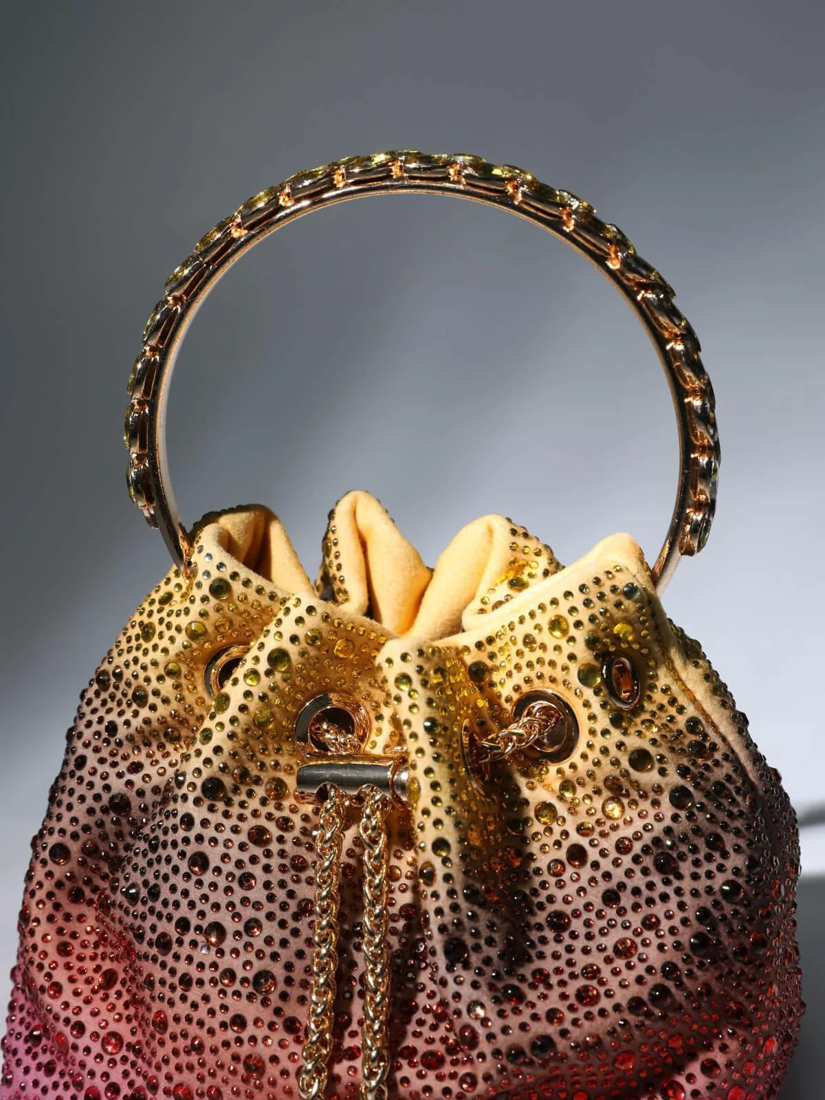 Ombre Crystal Embellished Bucket Bag - Sparkling Handle & Drawstring Chain