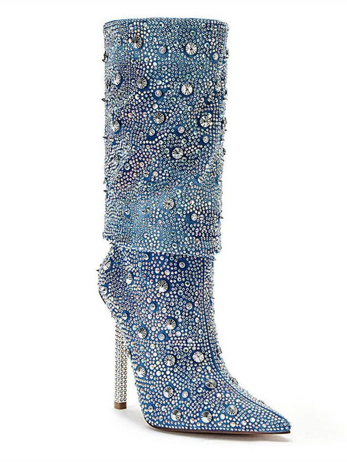 Blue Rhinestone Embellished Denim Boots