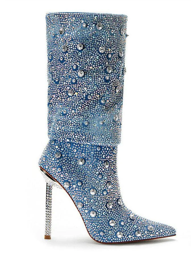 Blue Rhinestone Embellished Denim Boots