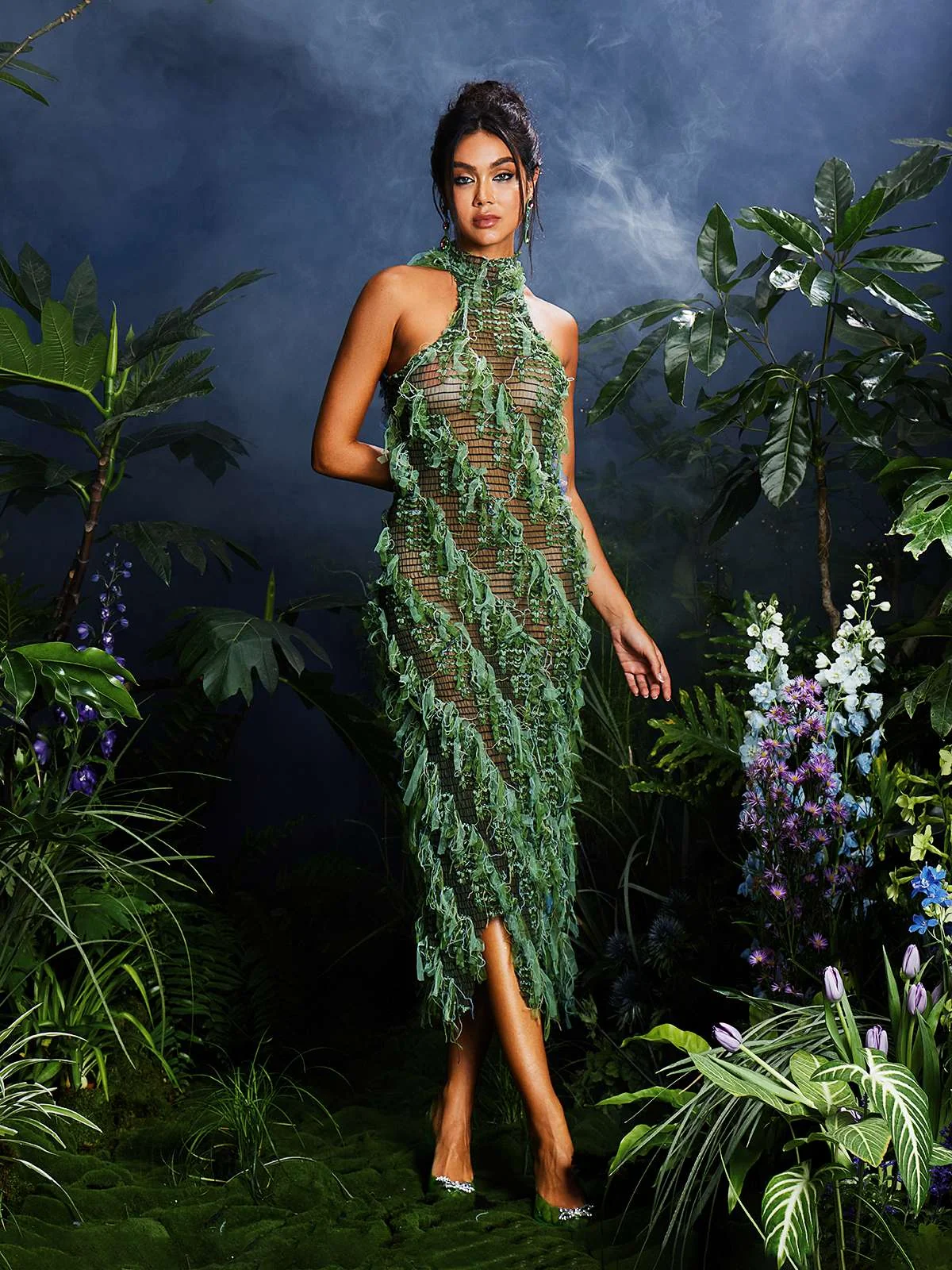 Green Halterneck Backless Hollow Midi Dress - Elegant Style