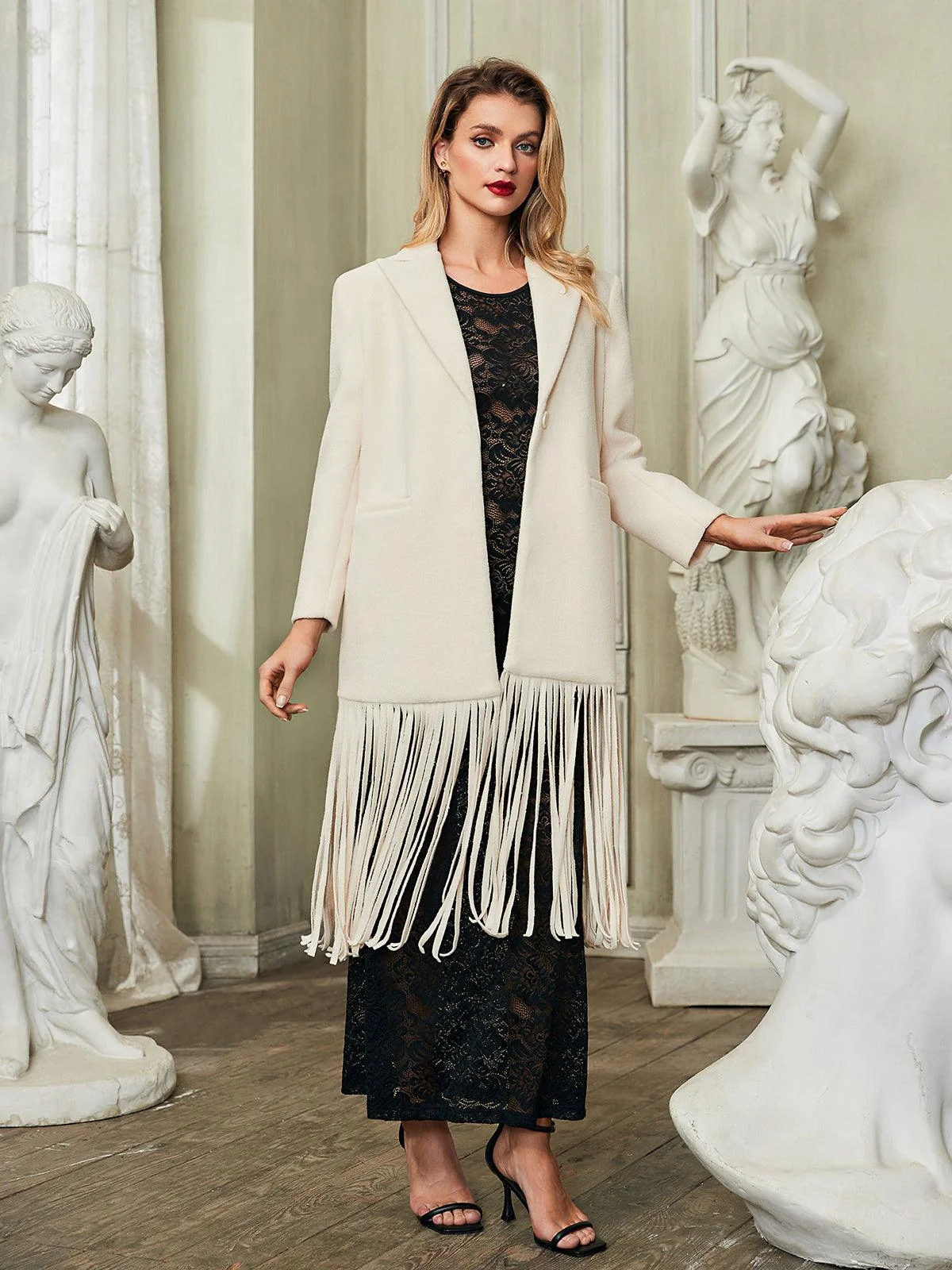 White Fringe V-Neck Woolen Coat for Women