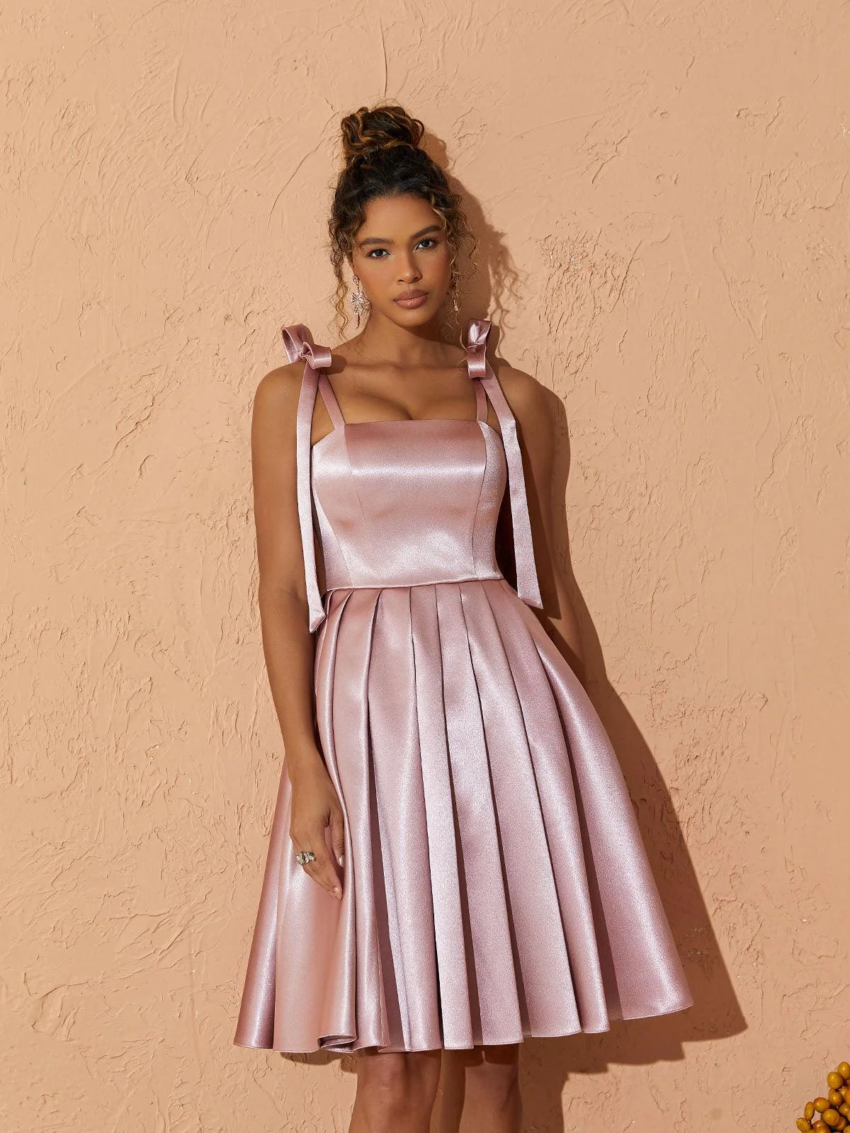 Elegant Pink Satin Pleated Dress for Special Events