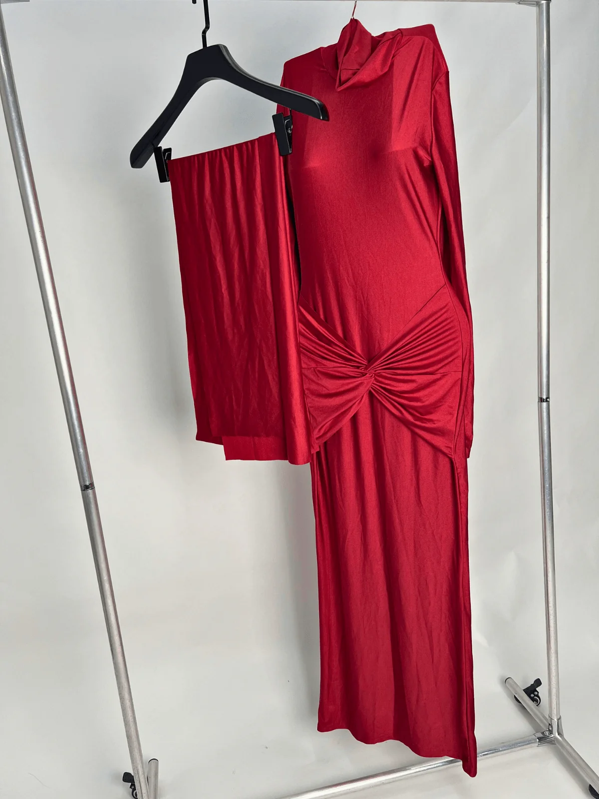Red Twisted Maxi Dress with Long Sleeves