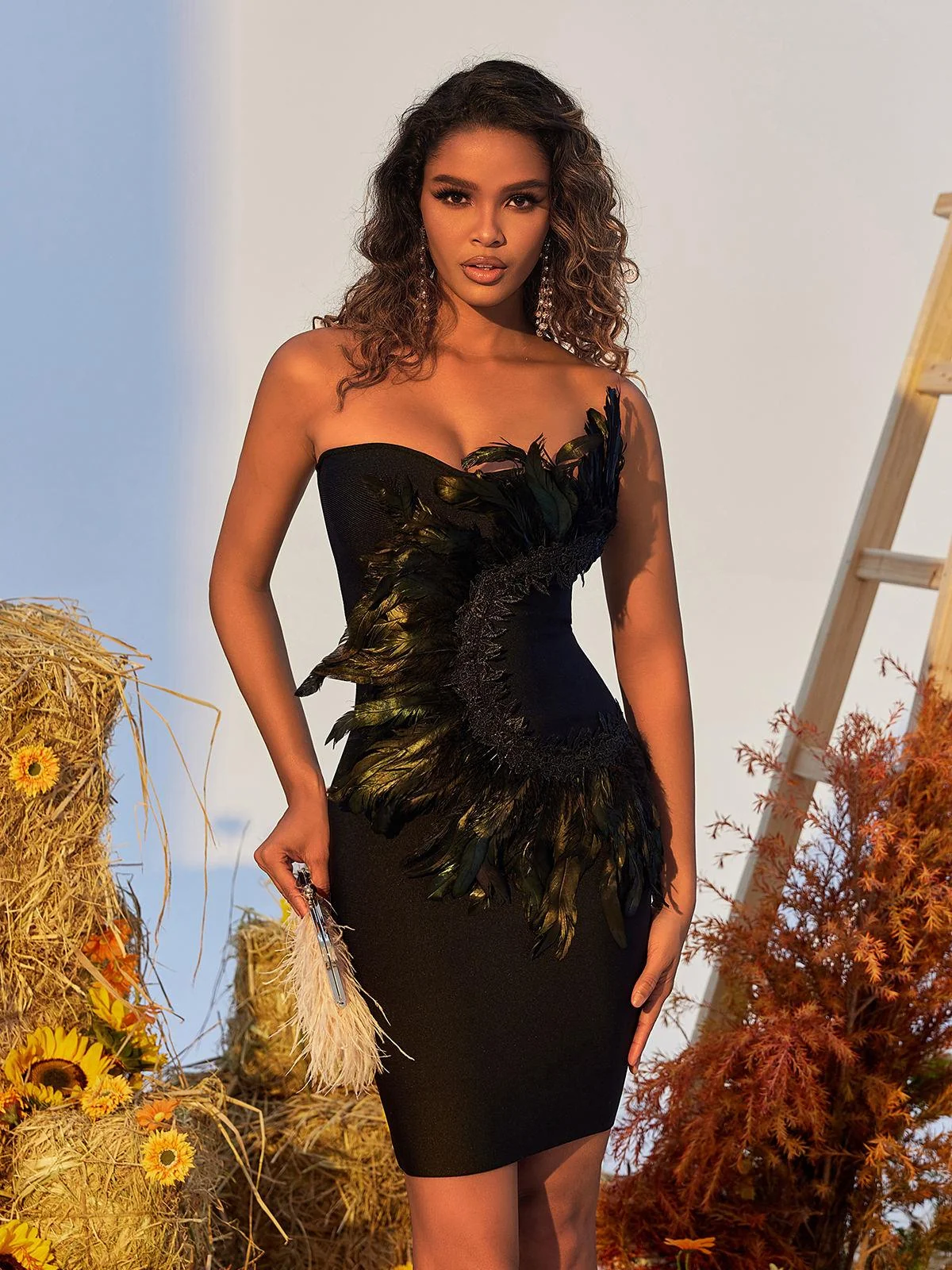 Feather Bandage Mini Dress - Elegant Strapless Black Cocktail Gown