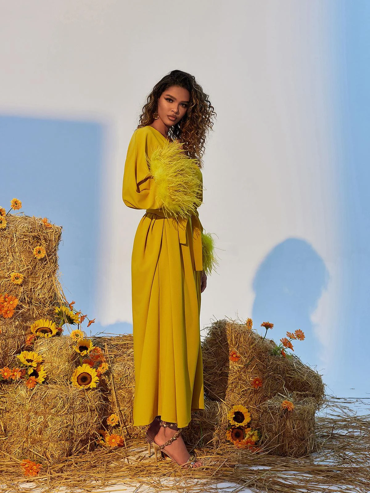 Yellow V-Neck Feathered Maxi Dress