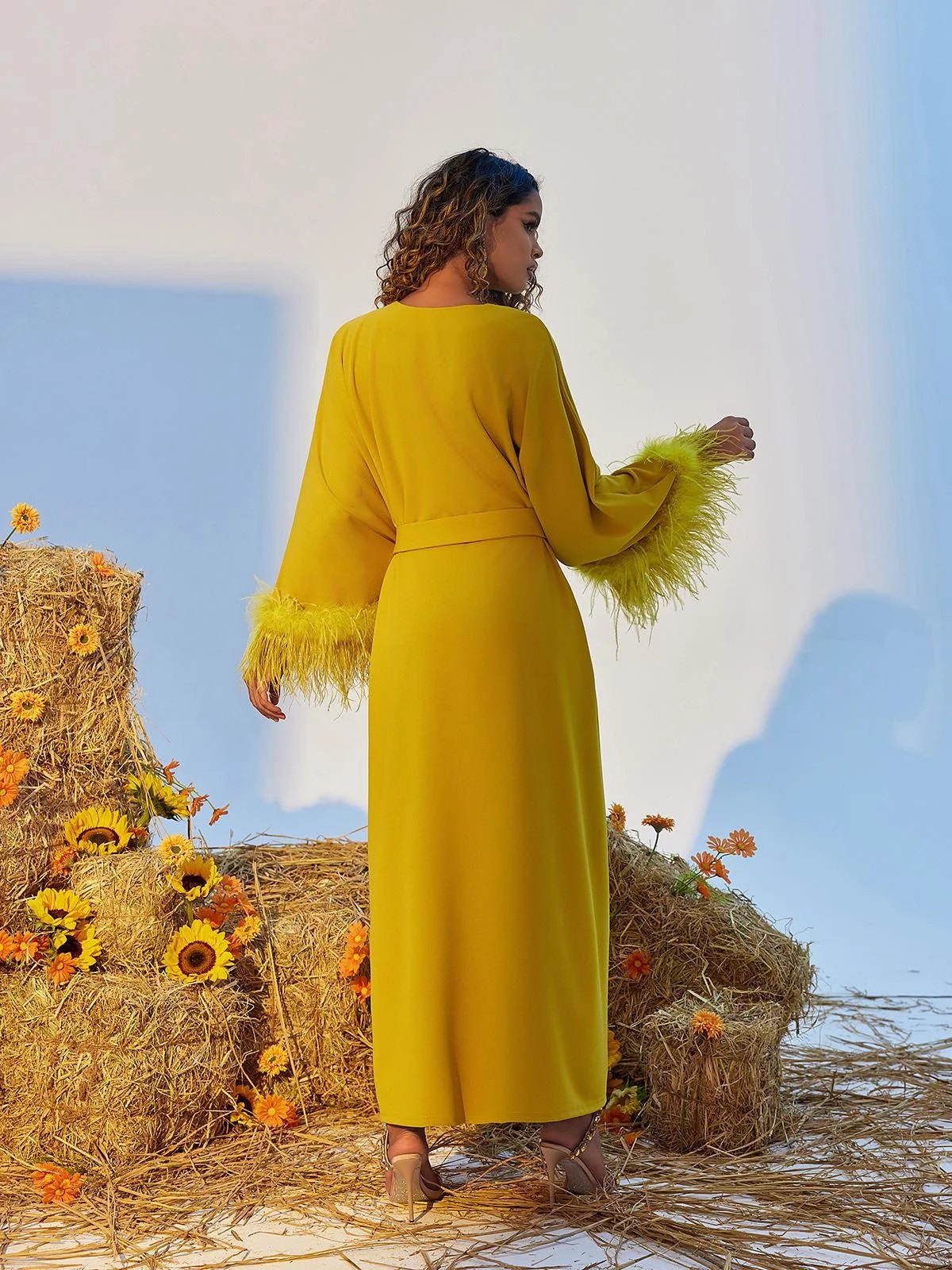 Yellow V-Neck Feathered Maxi Dress