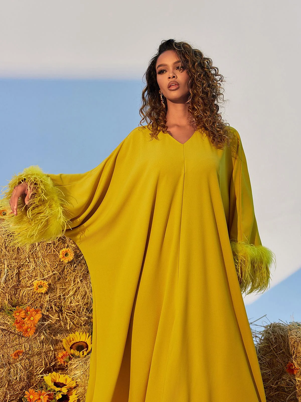 Yellow V-Neck Feathered Maxi Dress