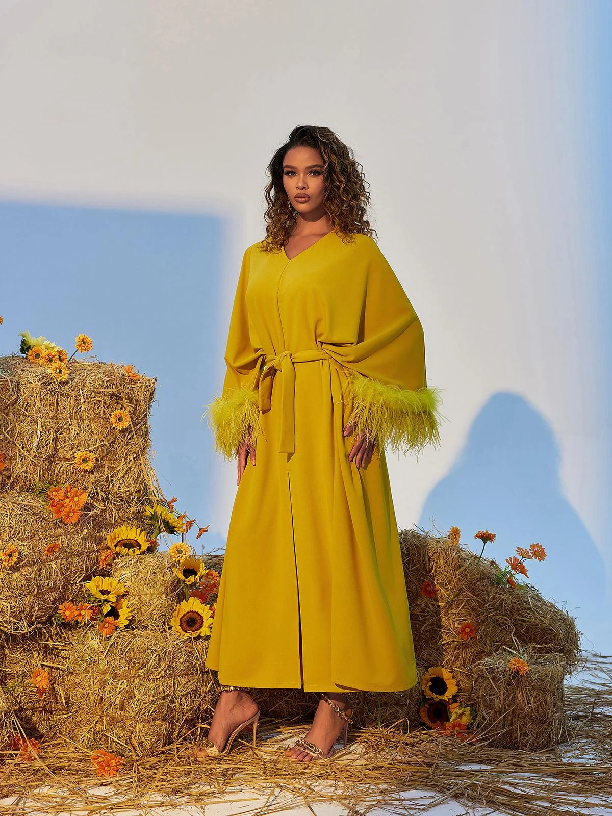 Yellow V-Neck Feathered Maxi Dress