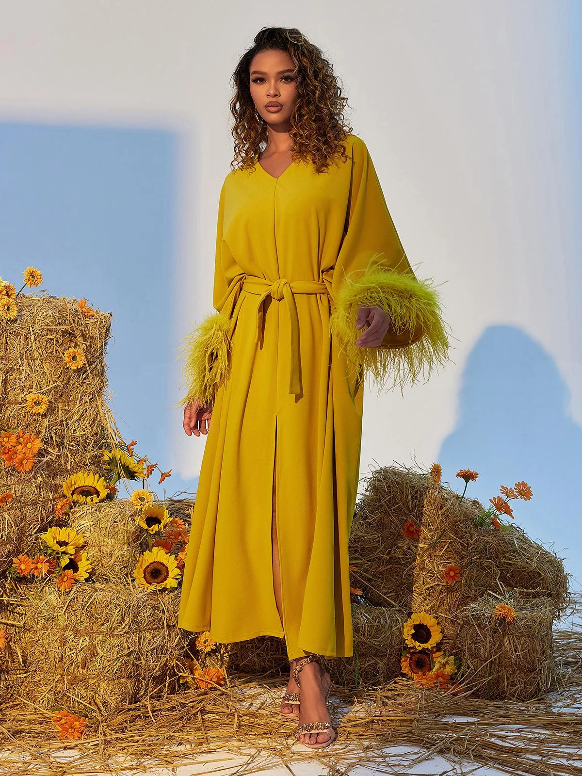 Yellow V-Neck Feathered Maxi Dress