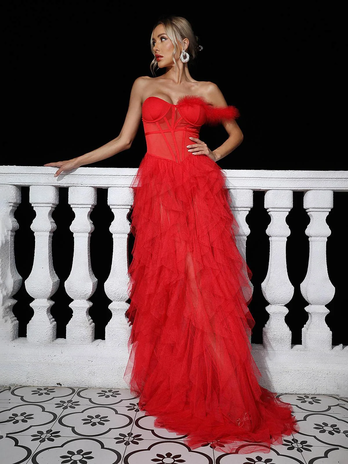 Red One Shoulder Tulle Maxi Dress